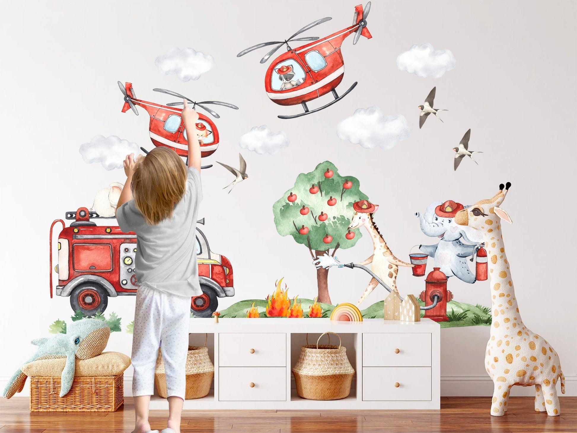 Animal Fire Brigade Rescue Fire Truck Helicopter Giraffe Elephant Wall Decal - BR318L