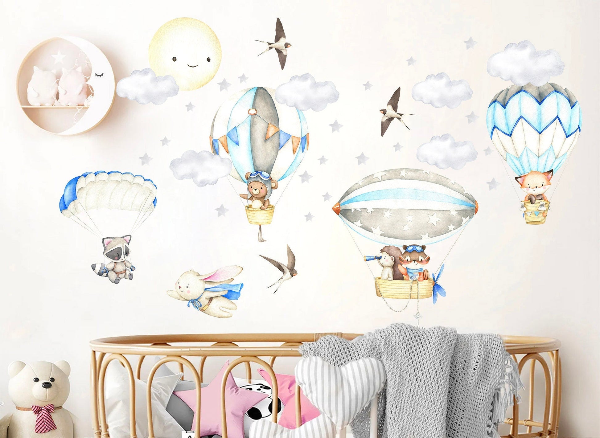 Adventurous Animal Babies Riding Air Balloons and Zeppelins in Celestial Sky Wall Decal - hedgehog raccoon fox - BR319