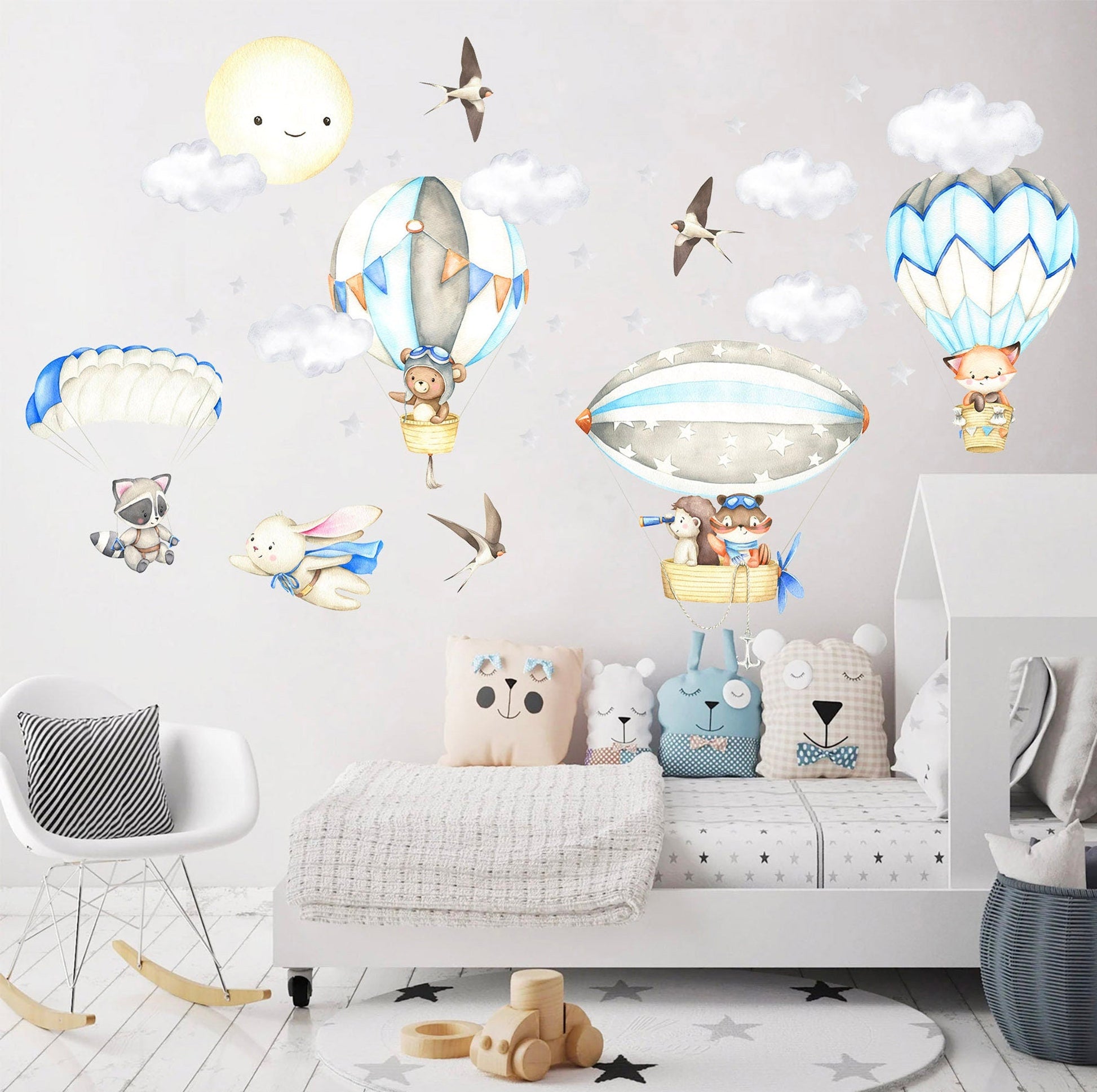 Adventurous Animal Babies Riding Air Balloons and Zeppelins in Celestial Sky Wall Decal - hedgehog raccoon fox - BR319
