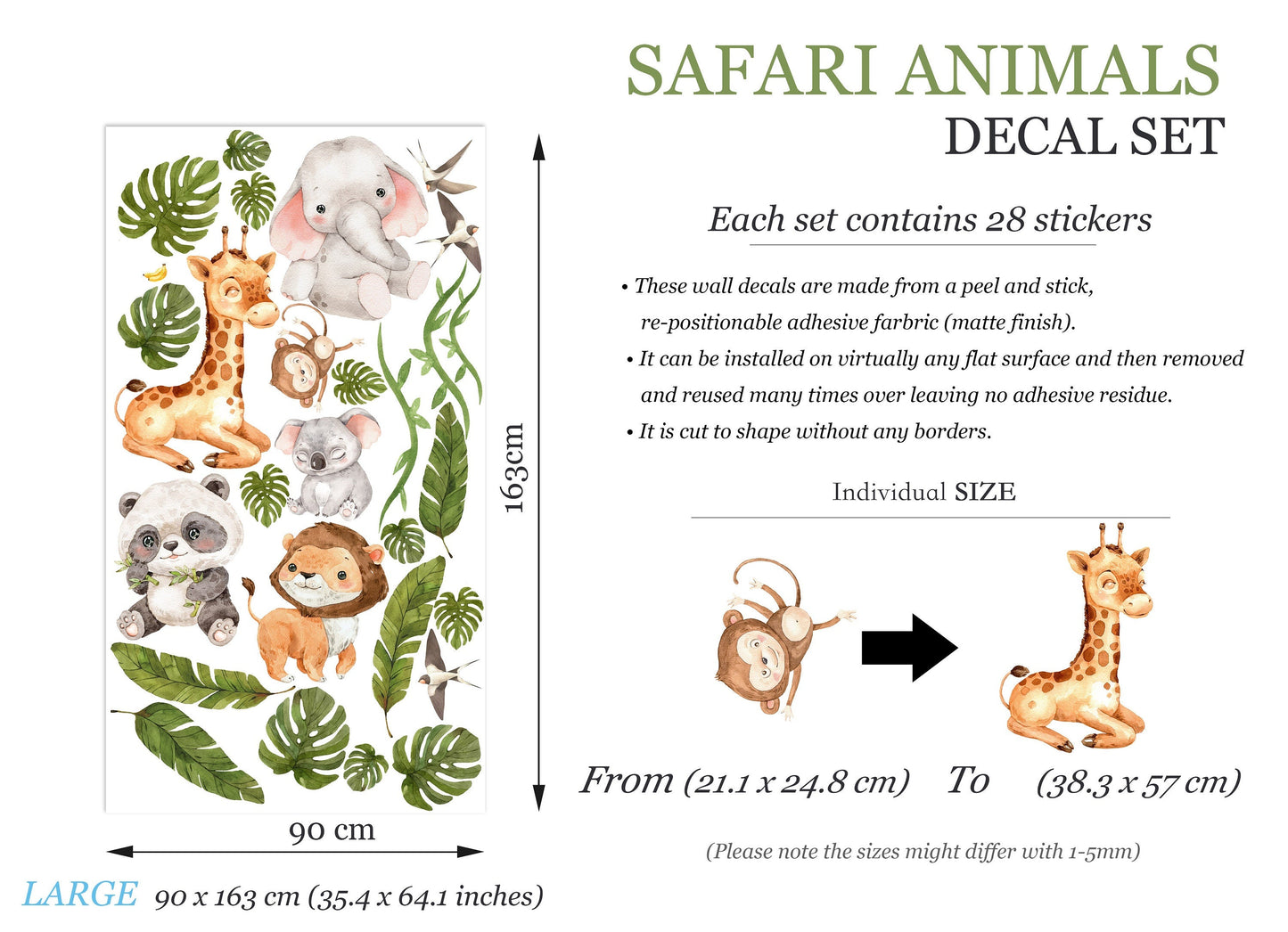African Baby Animals Wall Decal - Giraffe, Elephant, Lion, Panda, Monkey, Koala in Palm Leaves - BR321