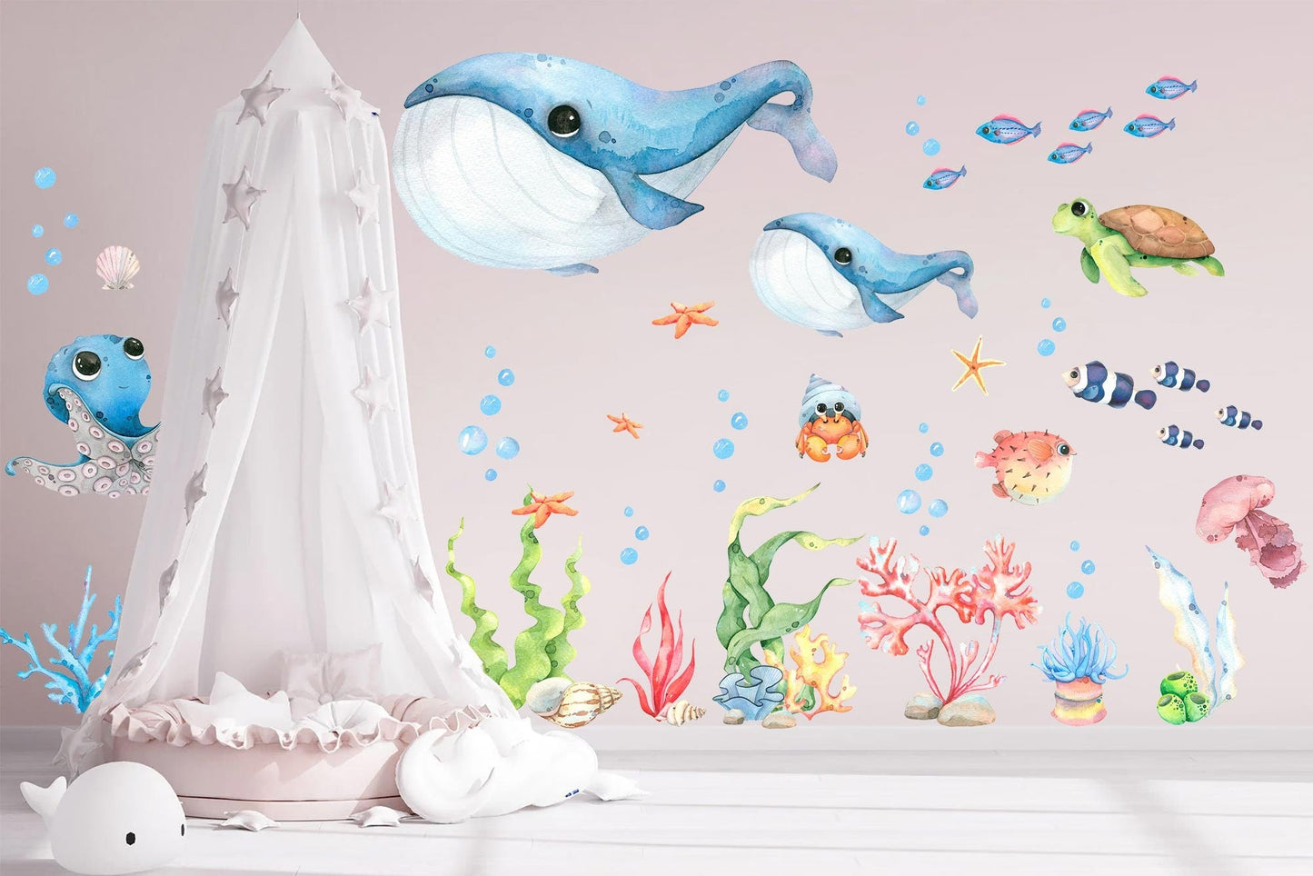 Blue Baby Whales and Friends Wall Decal - Playful Undersea Adventures - BR335