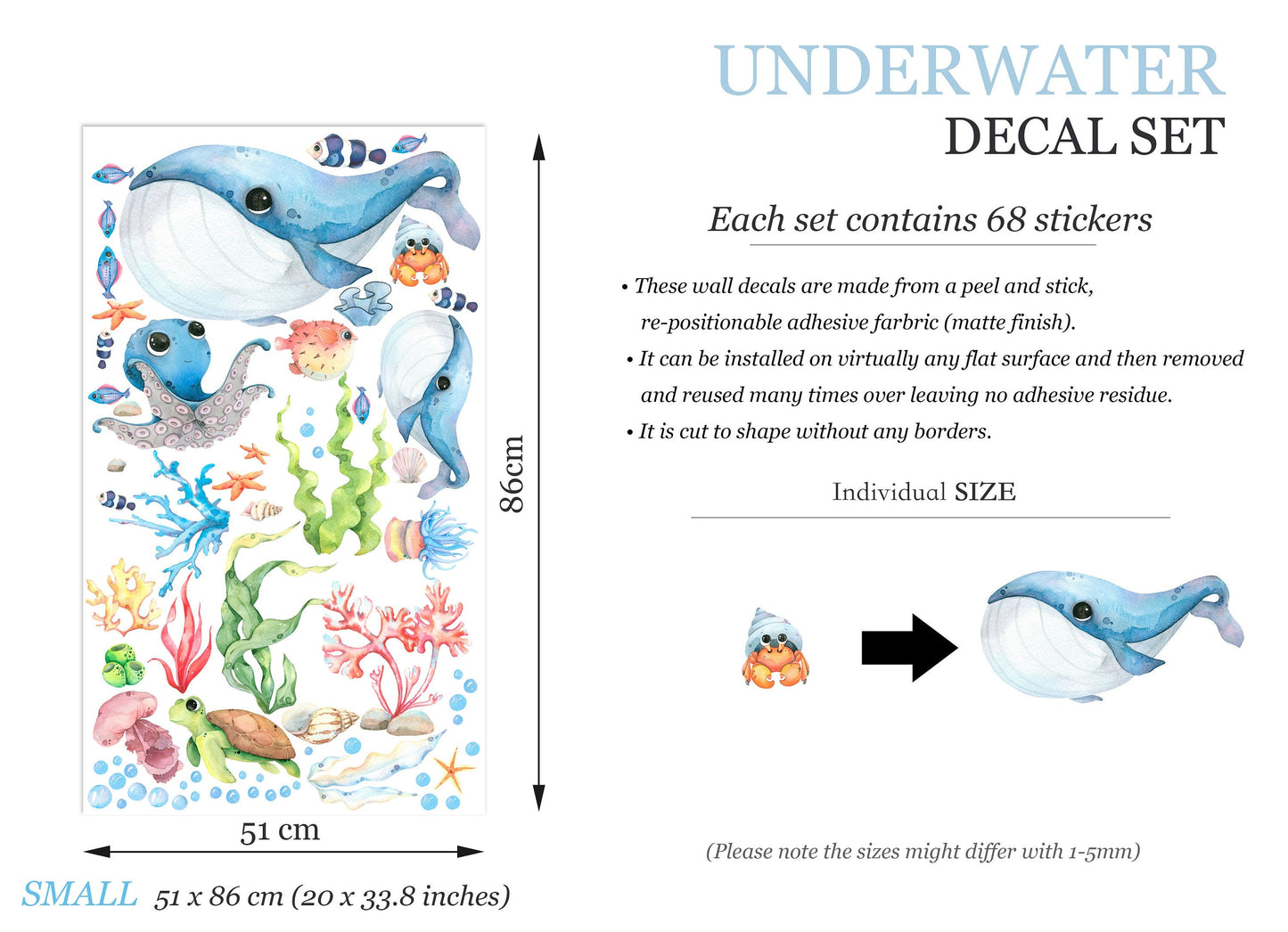Blue Baby Whales and Friends Wall Decal - Playful Undersea Adventures - BR335
