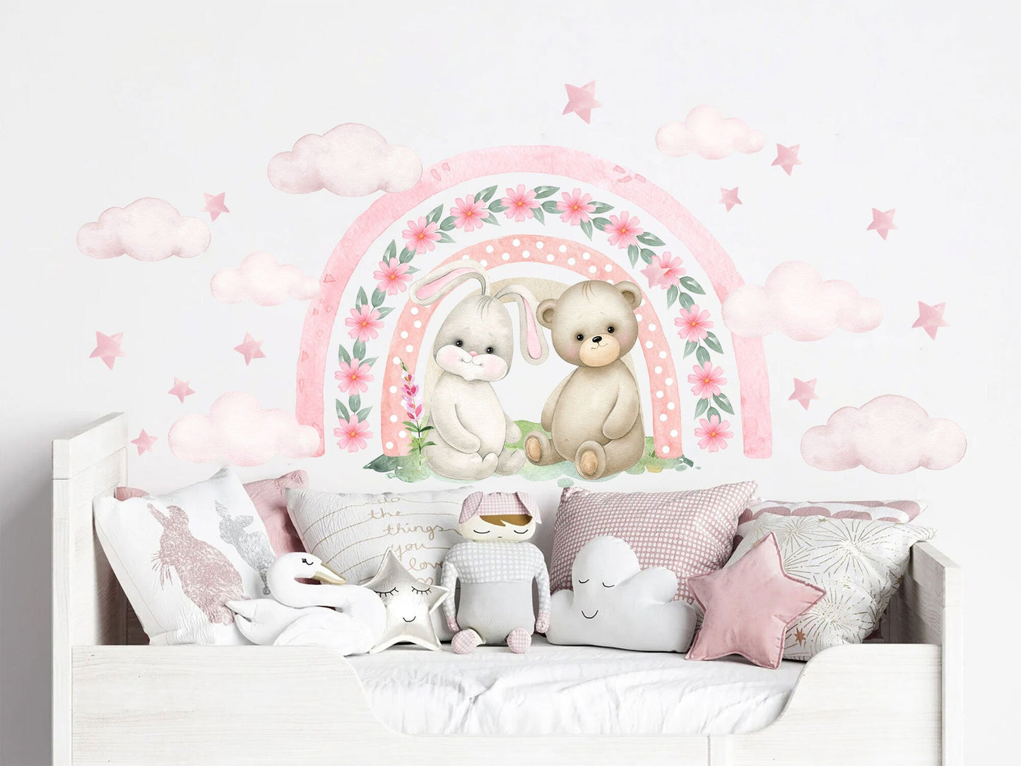 Rabbit and bear sit under a Flora Rainbow Wall Decal - Pink stars and clouds - Girls' Room Decor - BR337