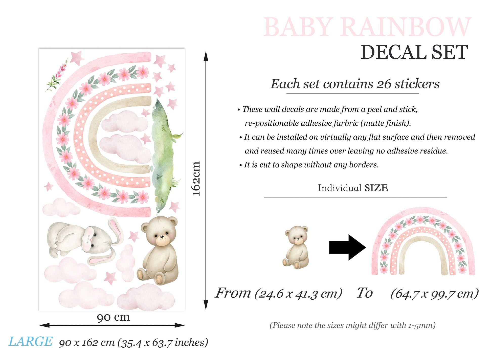 Rabbit and bear sit under a Flora Rainbow Wall Decal - Pink stars and clouds - Girls' Room Decor - BR337