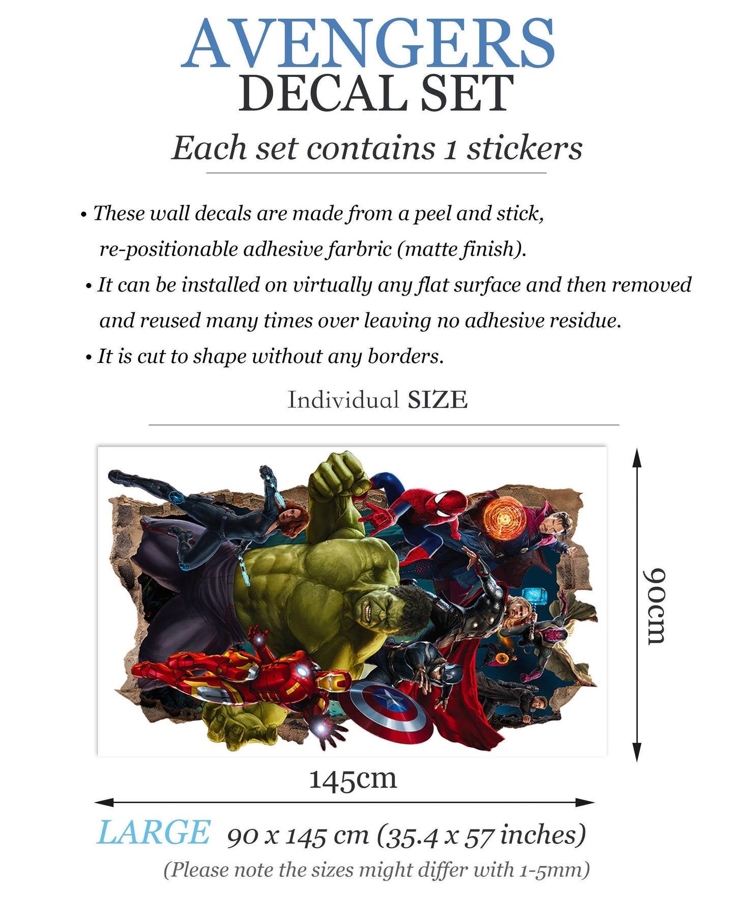 Marvel Superheros Breaking out from Smashed Vertical Wall Decal - Hulk Spiderman Captain America Avengers
