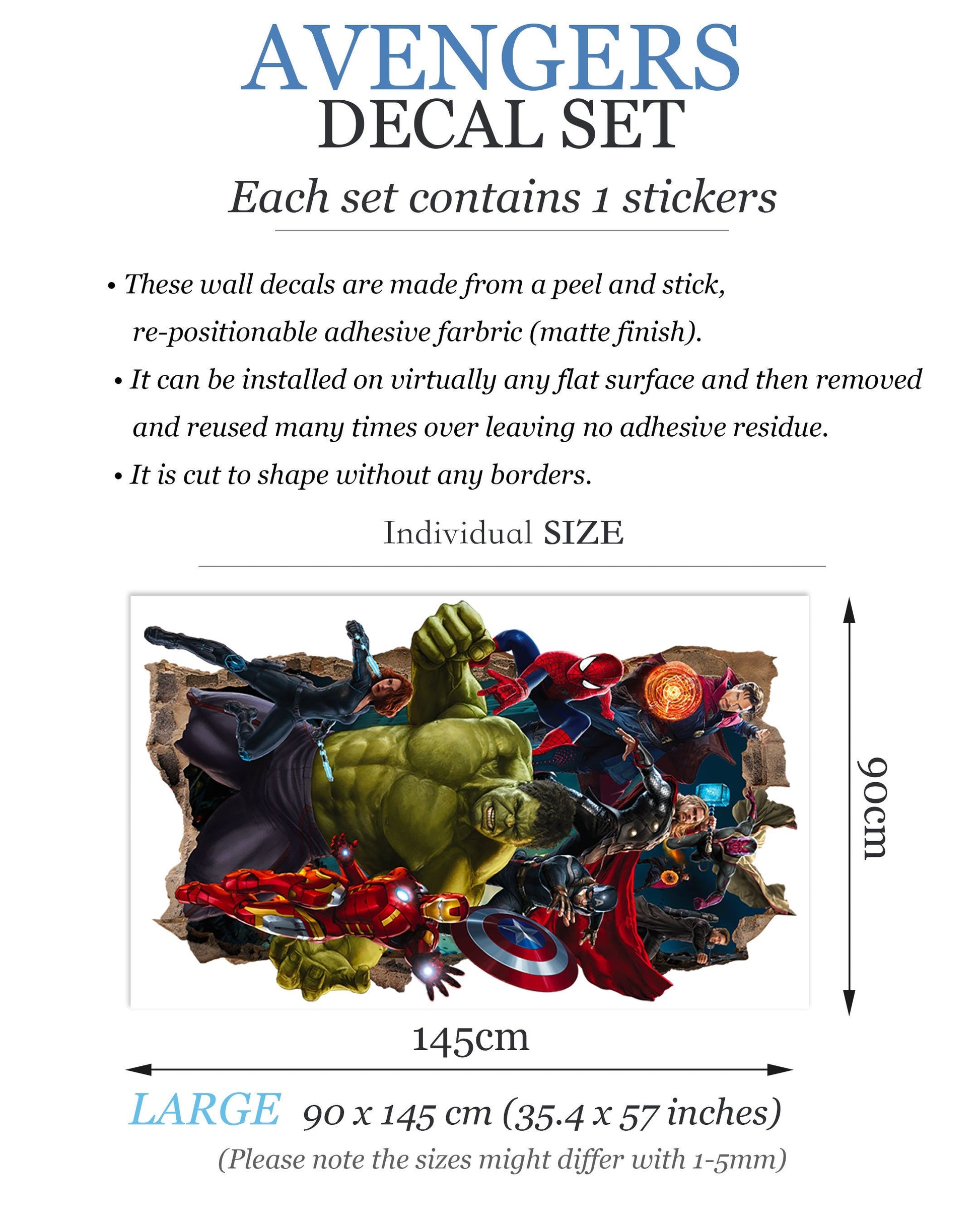 Marvel Superheros Breaking out from Smashed Vertical Wall Decal - Hulk Spiderman Captain America Avengers