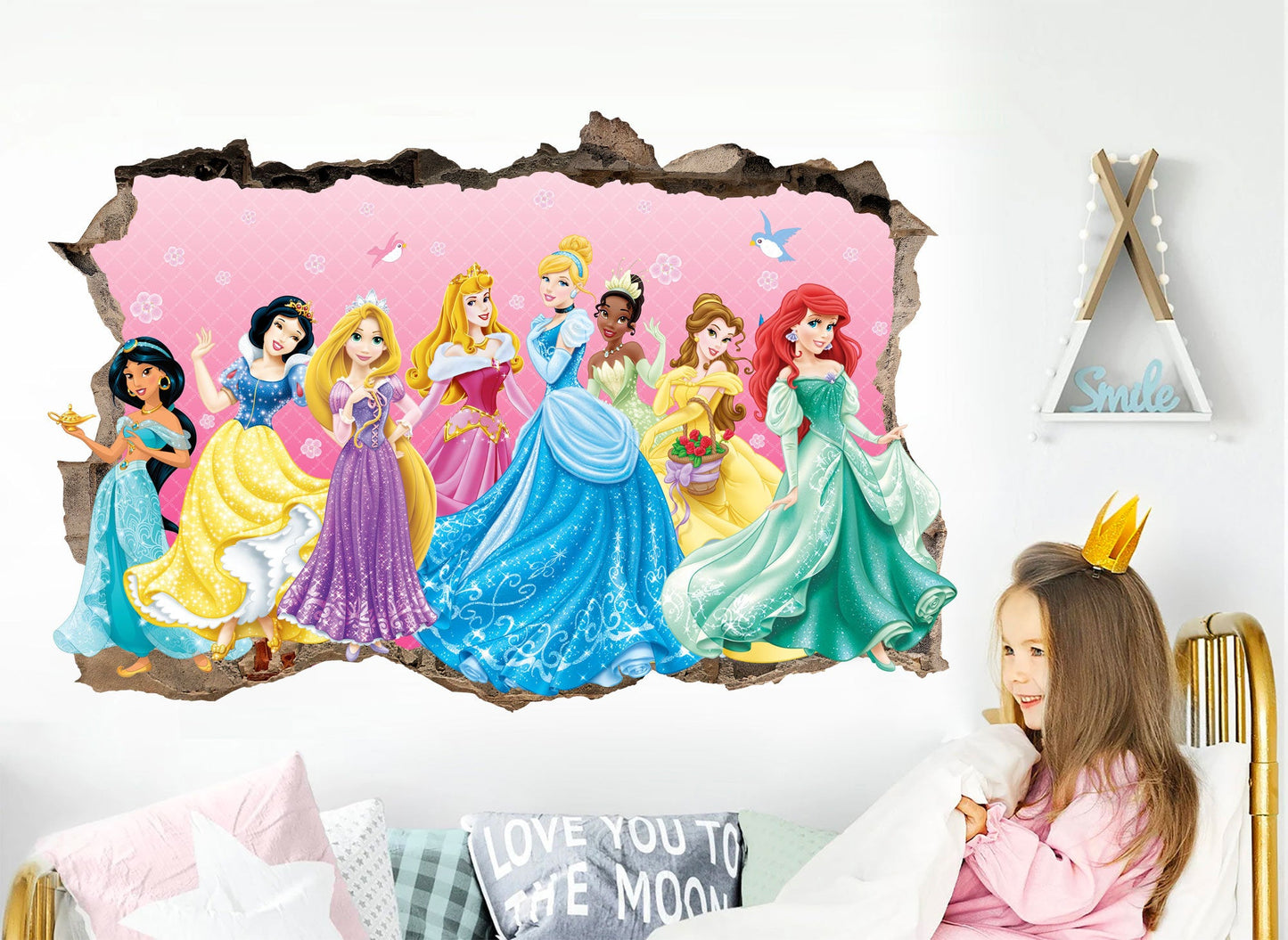 Enchanted Princesses: 3D Wall Decal with Beautiful Broken Wall Backdrop