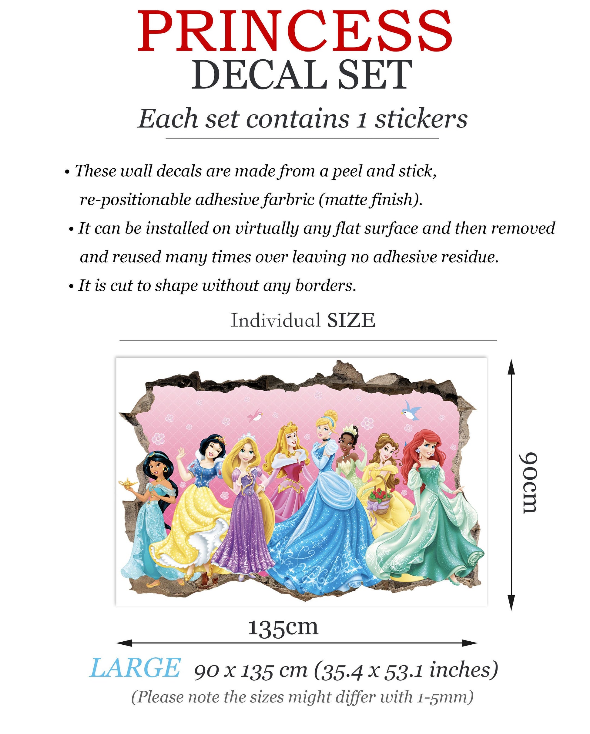 Enchanted Princesses: 3D Wall Decal with Beautiful Broken Wall Backdrop