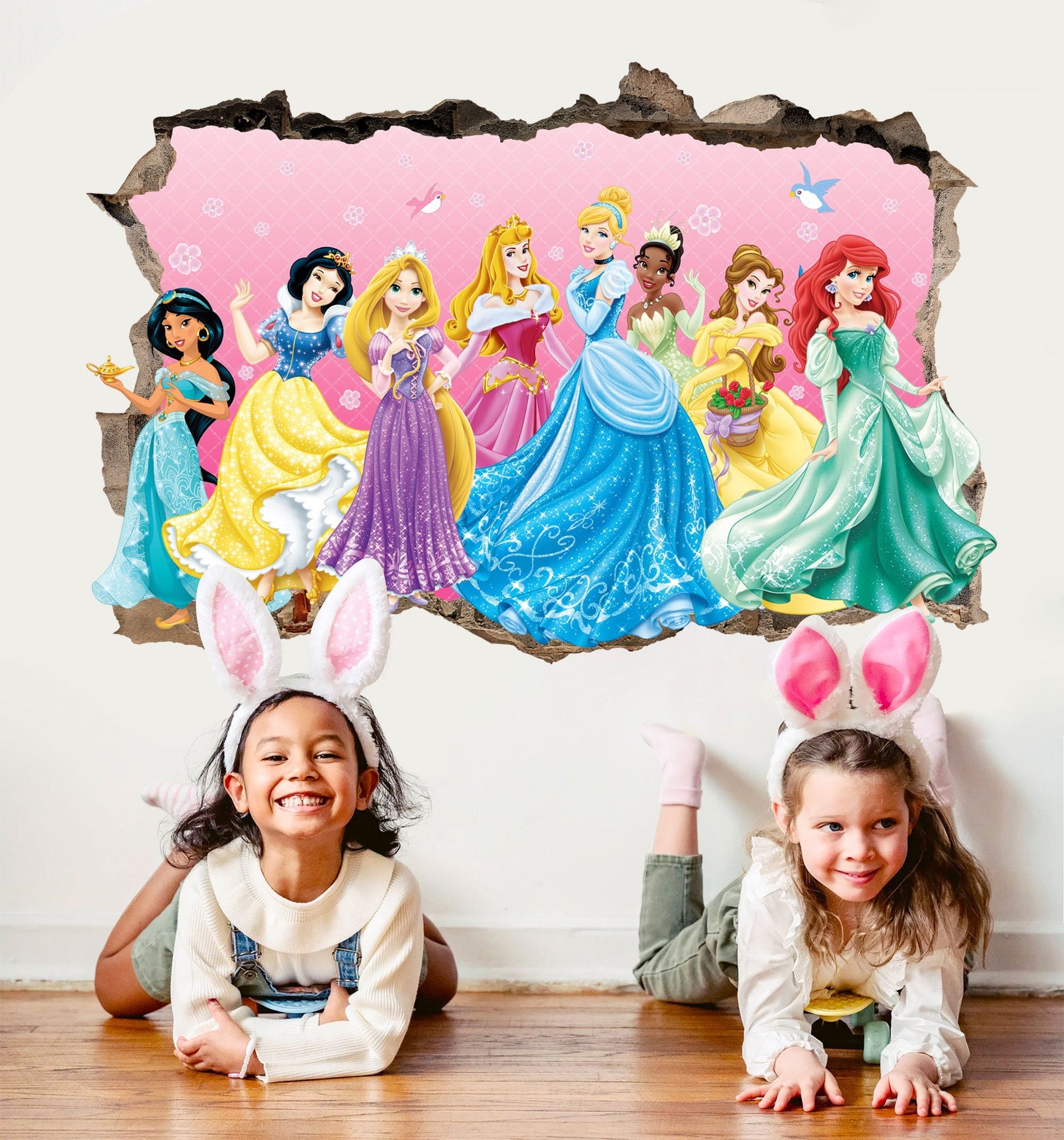 Enchanted Princesses: 3D Wall Decal with Beautiful Broken Wall Backdrop