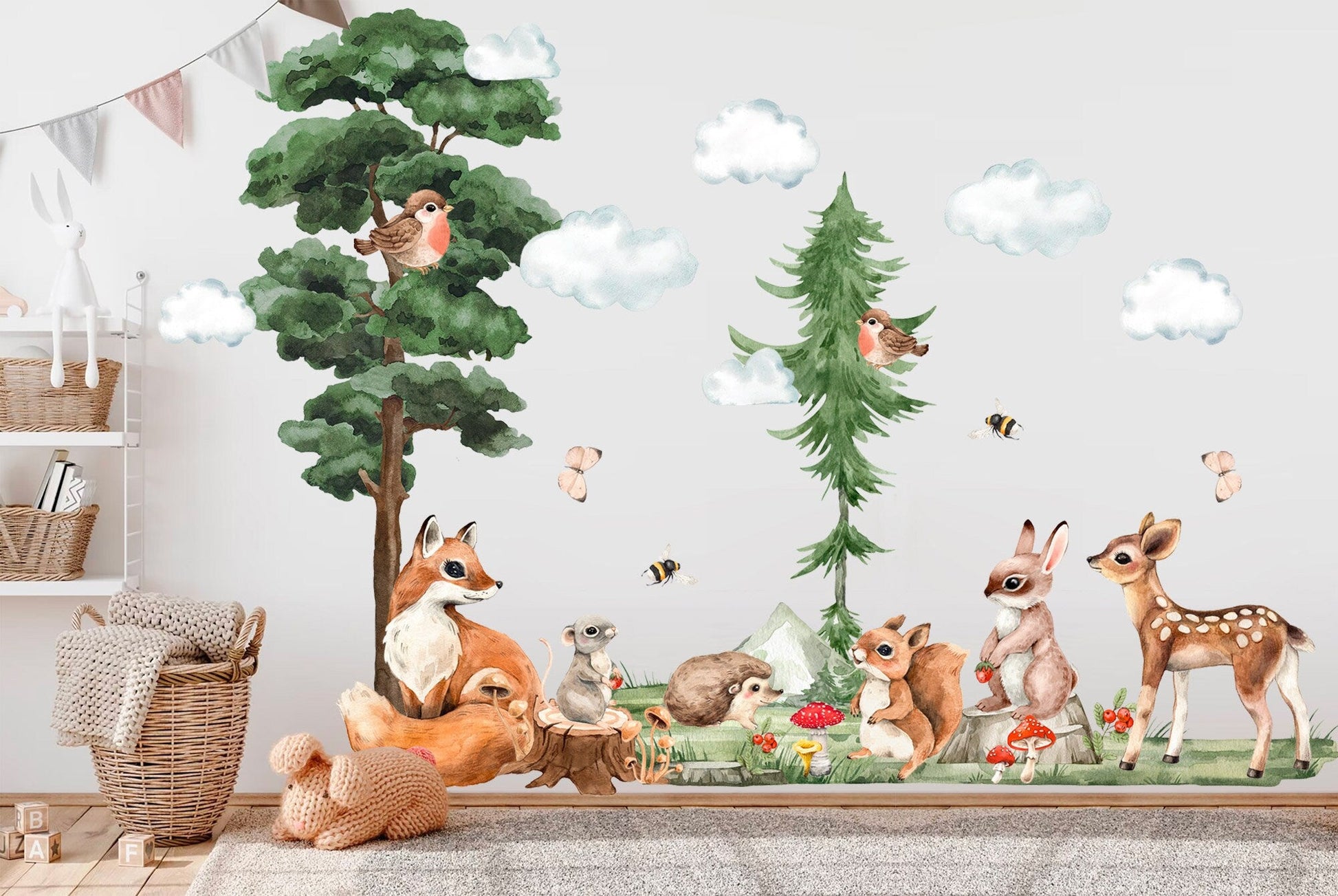 Woodland Baby Animals Cartoon Forest Wall Decal - Bunny Squirrel Fox Deer Bird Hedgehog - BR332