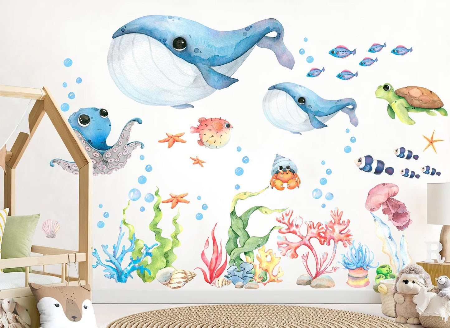 Blue Baby Whales and Friends Wall Decal - Playful Undersea Adventures - BR335