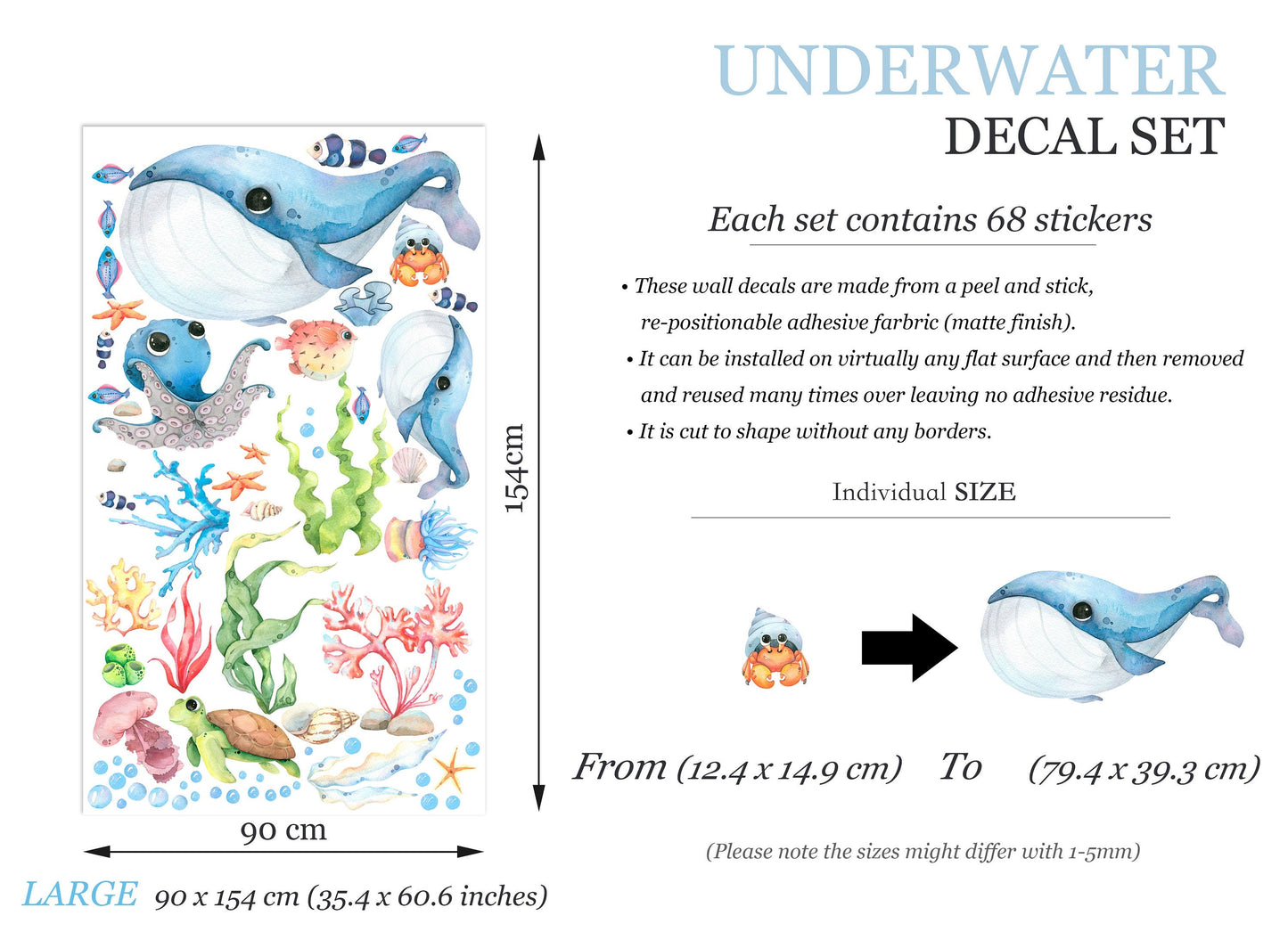 Blue Baby Whales and Friends Wall Decal - Playful Undersea Adventures - BR335