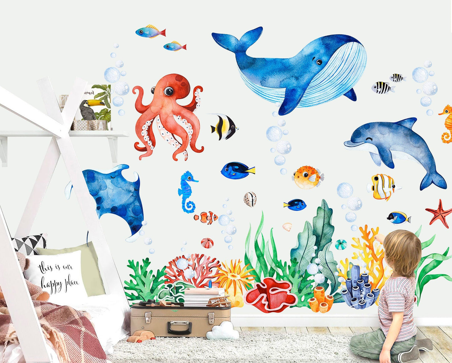 Ocean Baby Buddies Wall Decal - Whales, Dolphins, Octopuses, and More Playing Together - BR336