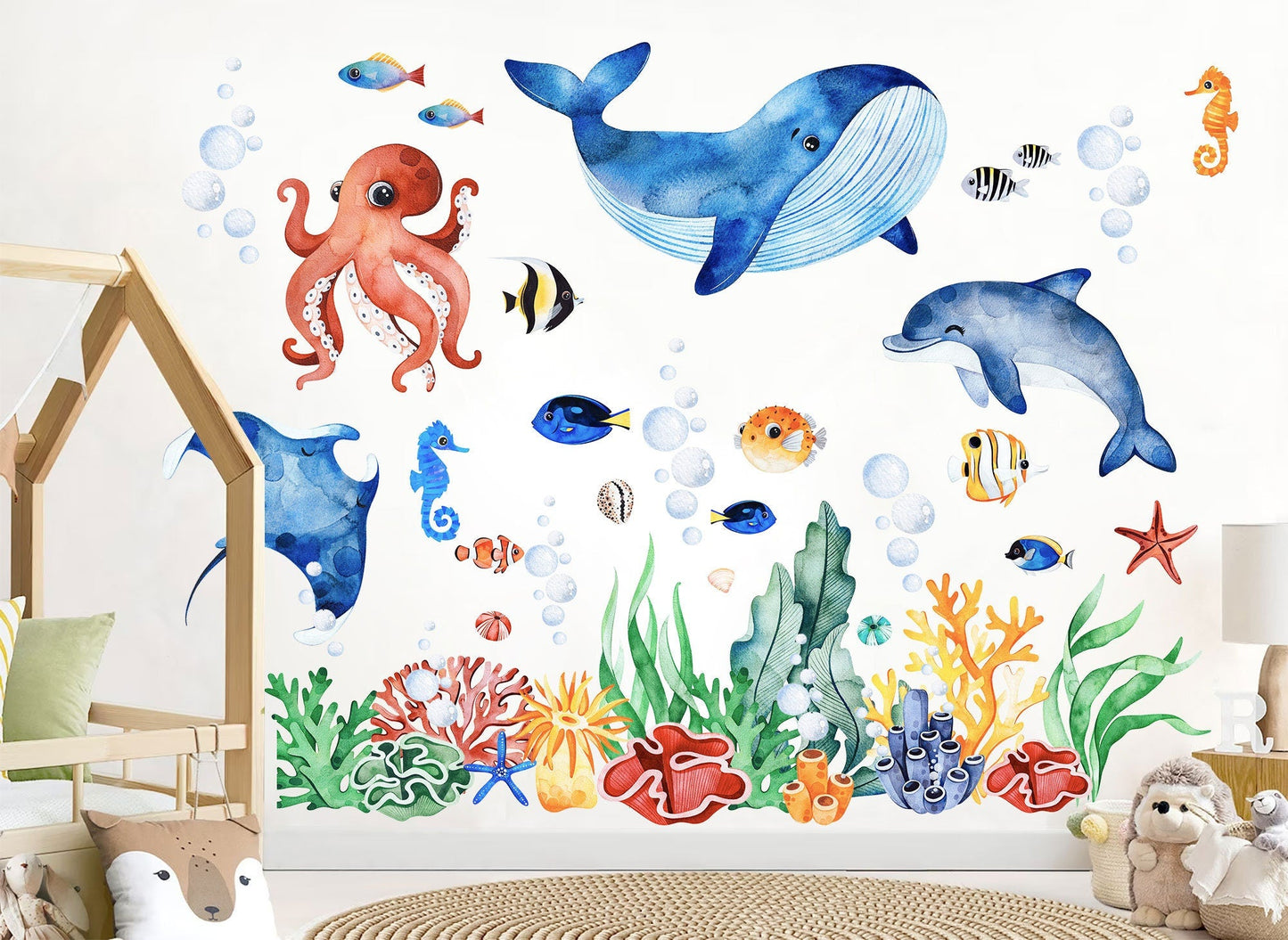Ocean Baby Buddies Wall Decal - Whales, Dolphins, Octopuses, and More Playing Together - BR336