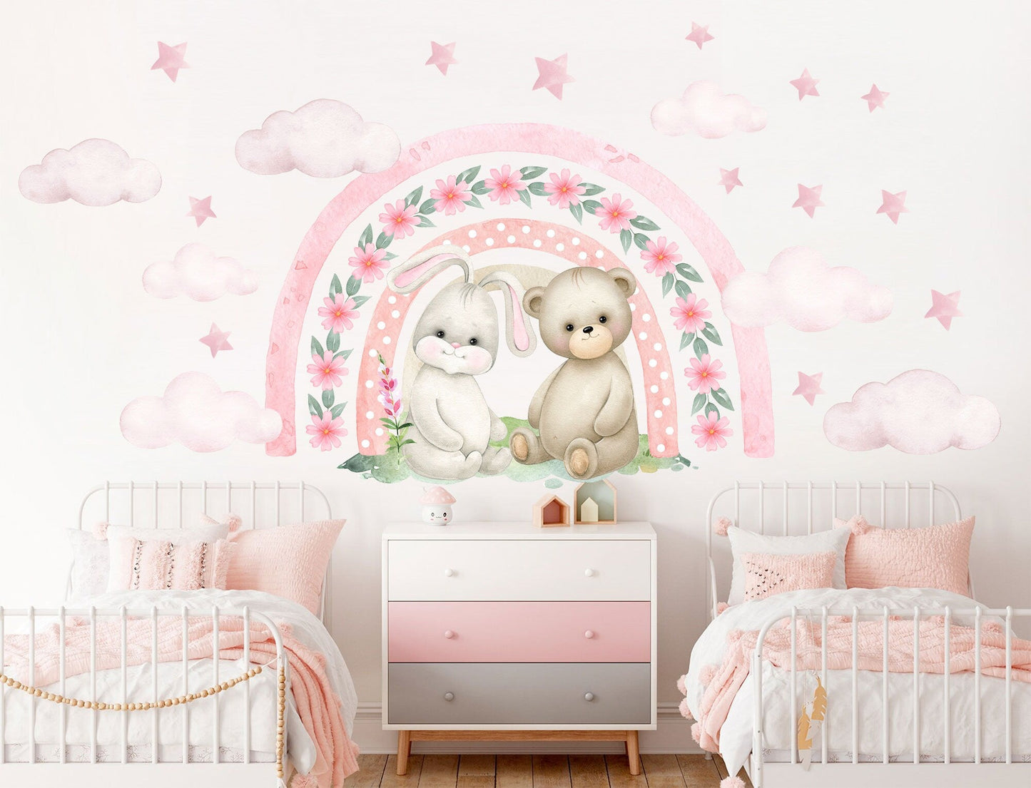 Rabbit and bear sit under a Flora Rainbow Wall Decal - Pink stars and clouds - Girls' Room Decor - BR337