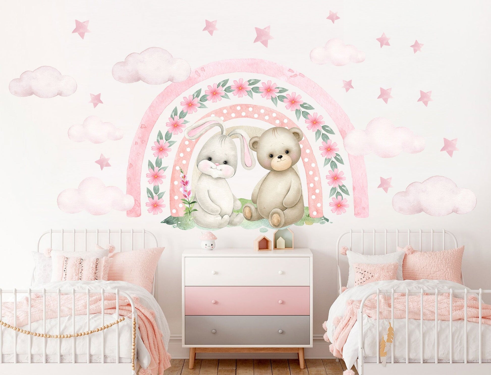 Rabbit and bear sit under a Flora Rainbow Wall Decal - Pink stars and clouds - Girls' Room Decor - BR337