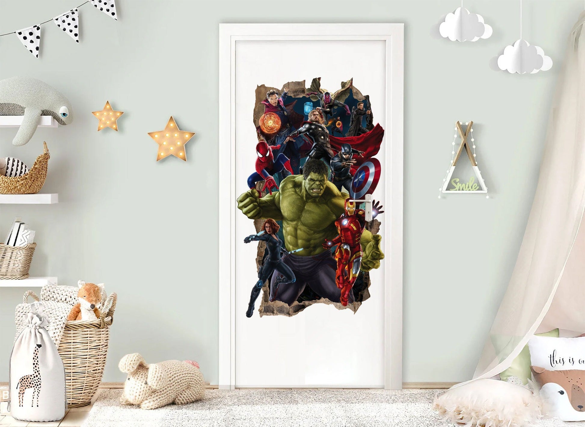 Marvel Superheros Breaking out from Smashed Vertical Wall Decal - Hulk Spiderman Captain America Avengers