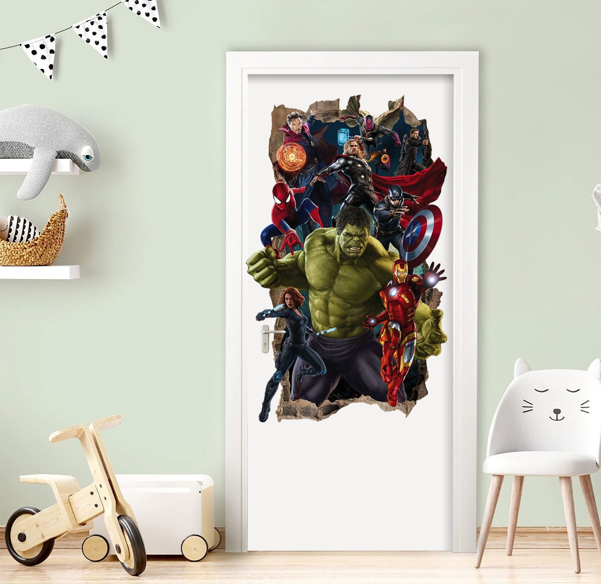 Marvel Superheros Breaking out from Smashed Vertical Wall Decal - Hulk Spiderman Captain America Avengers