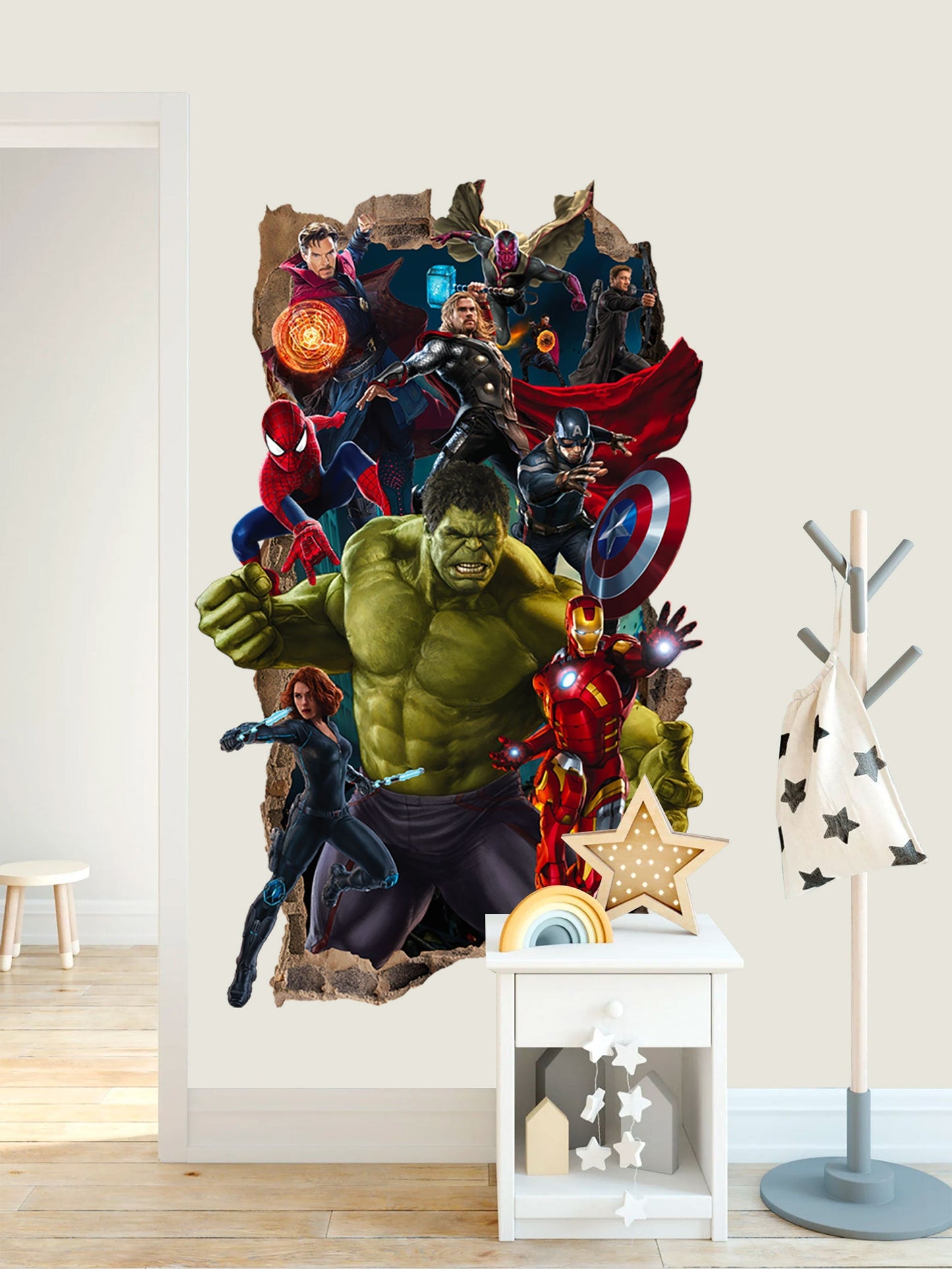 Marvel Superheros Breaking out from Smashed Vertical Wall Decal - Hulk Spiderman Captain America Avengers