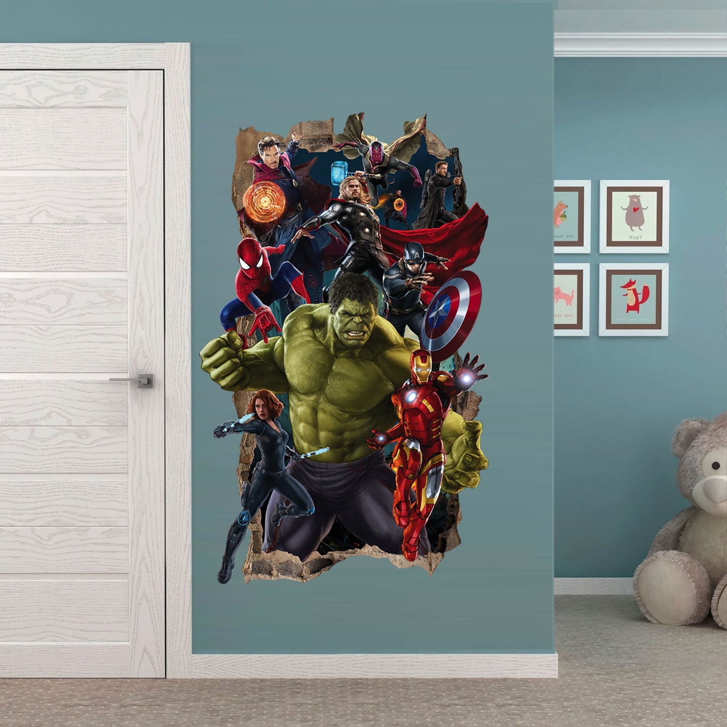 Marvel Superheros Breaking out from Smashed Vertical Wall Decal - Hulk Spiderman Captain America Avengers