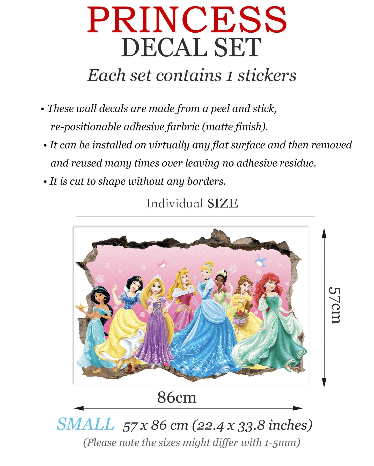 Enchanted Princesses: 3D Wall Decal with Beautiful Broken Wall Backdrop