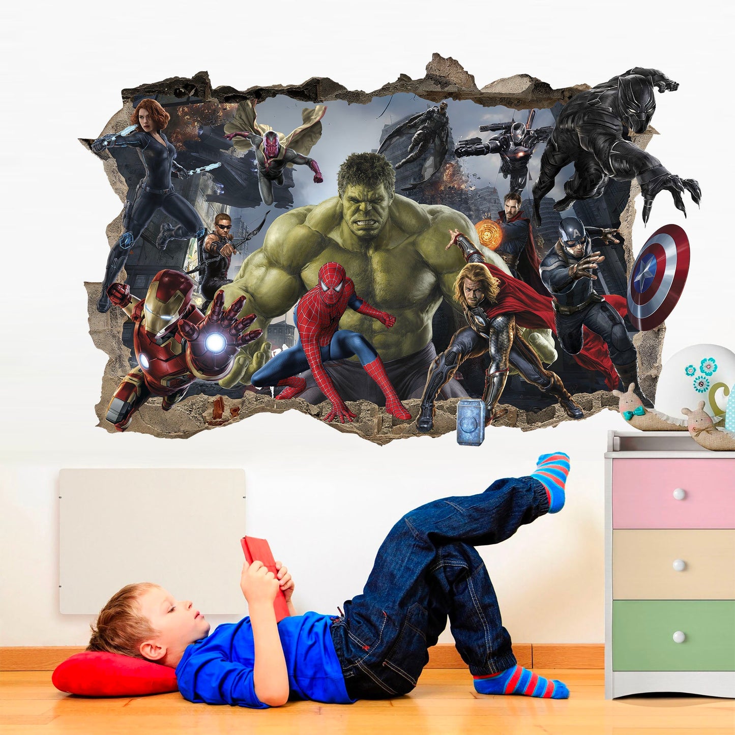 Hulk Leading Marvel Universe Superheroes Smashing Through Wall Decal