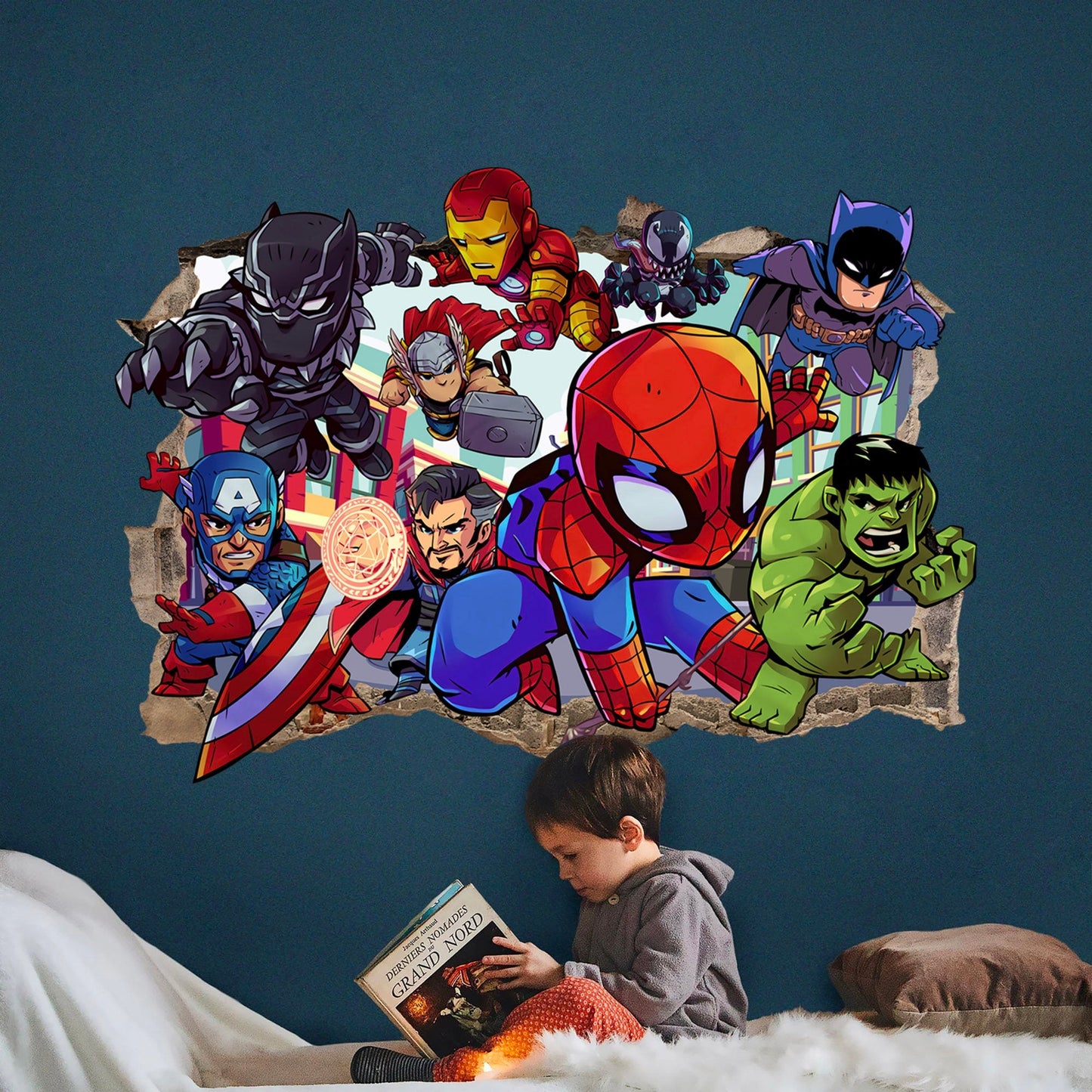 Bursting Avengers Super heroes Spiderman Iron Man Hulk Captain America 3D Smashed Wall Decal