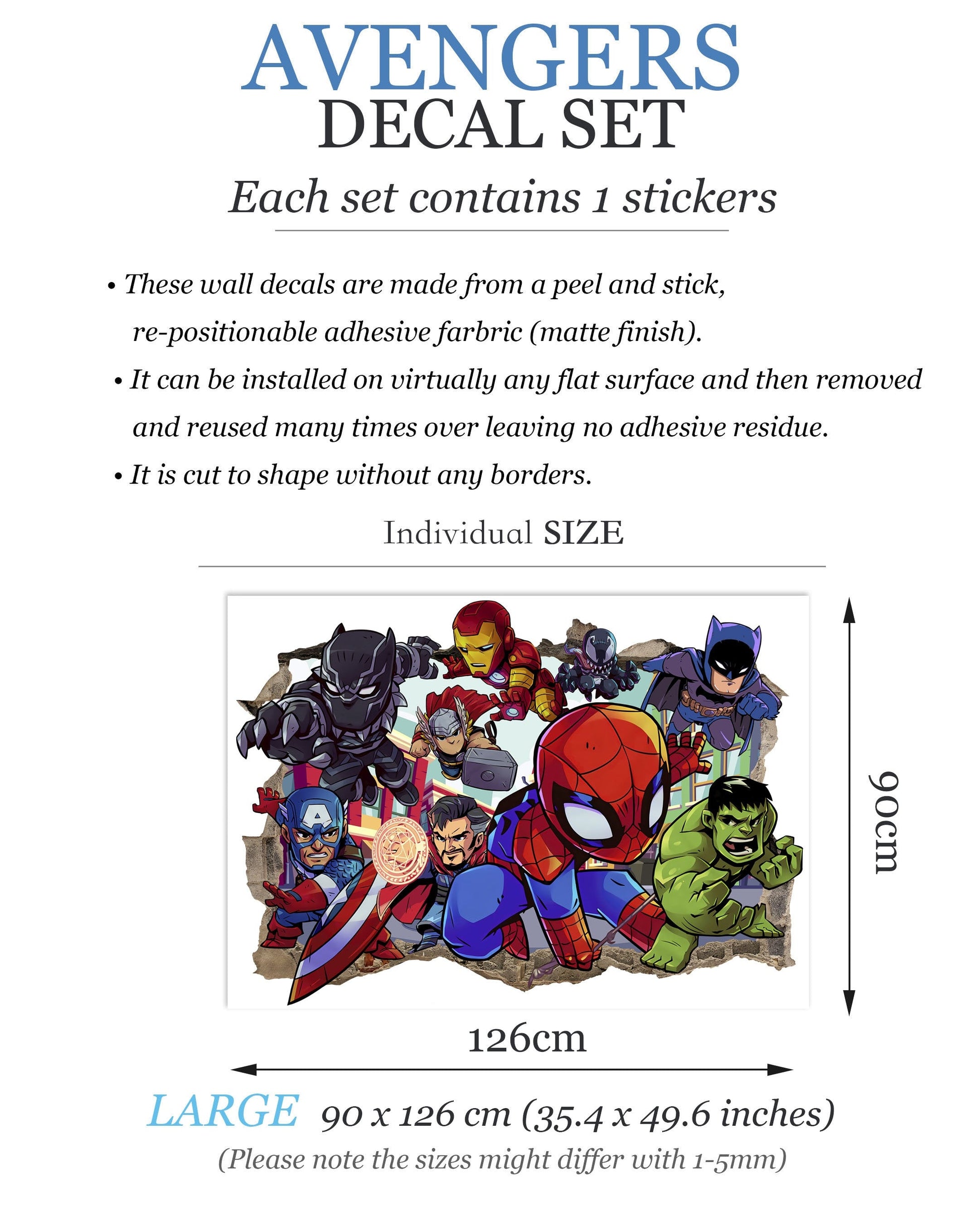 Bursting Avengers Super heroes Spiderman Iron Man Hulk Captain America 3D Smashed Wall Decal