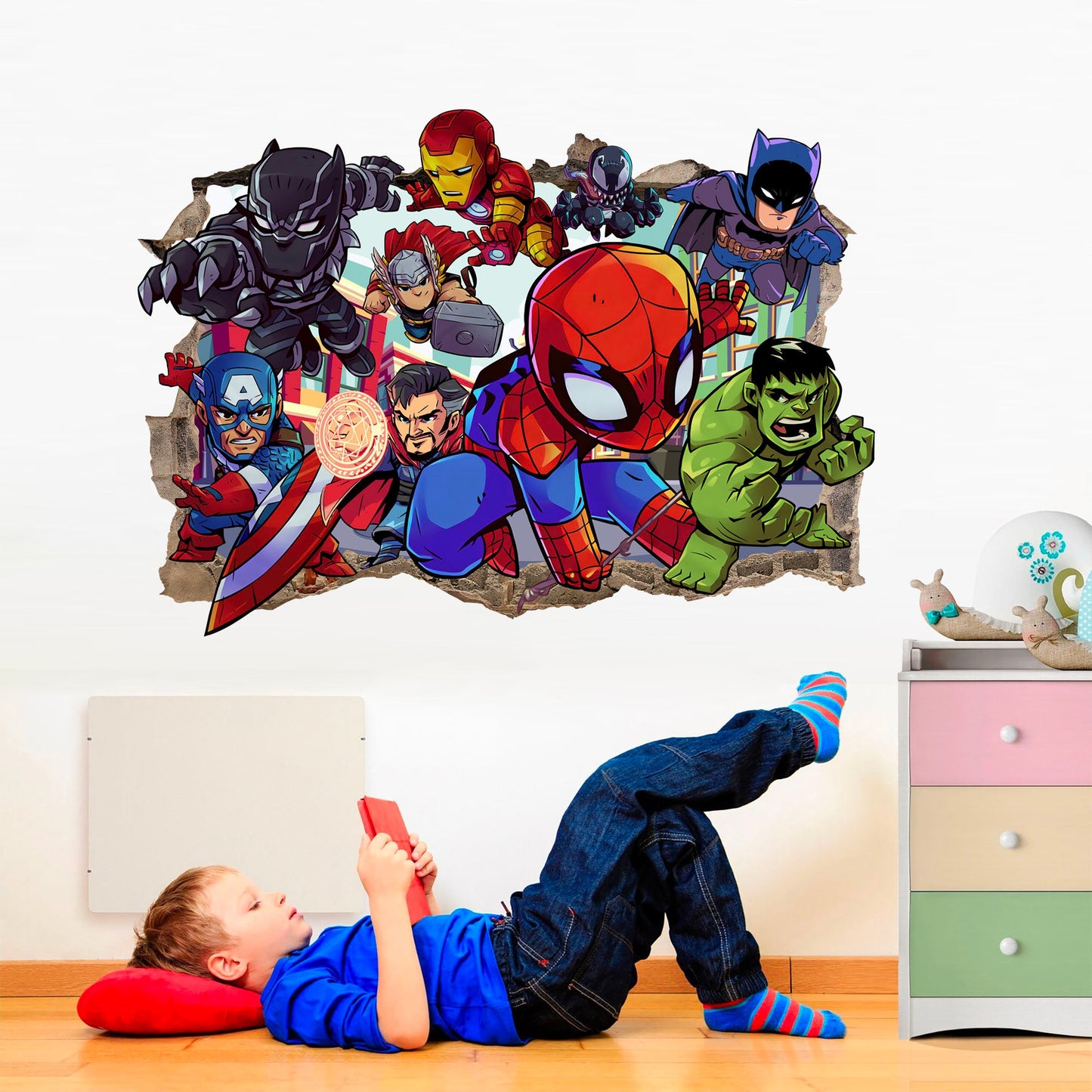 Bursting Avengers Super heroes Spiderman Iron Man Hulk Captain America 3D Smashed Wall Decal