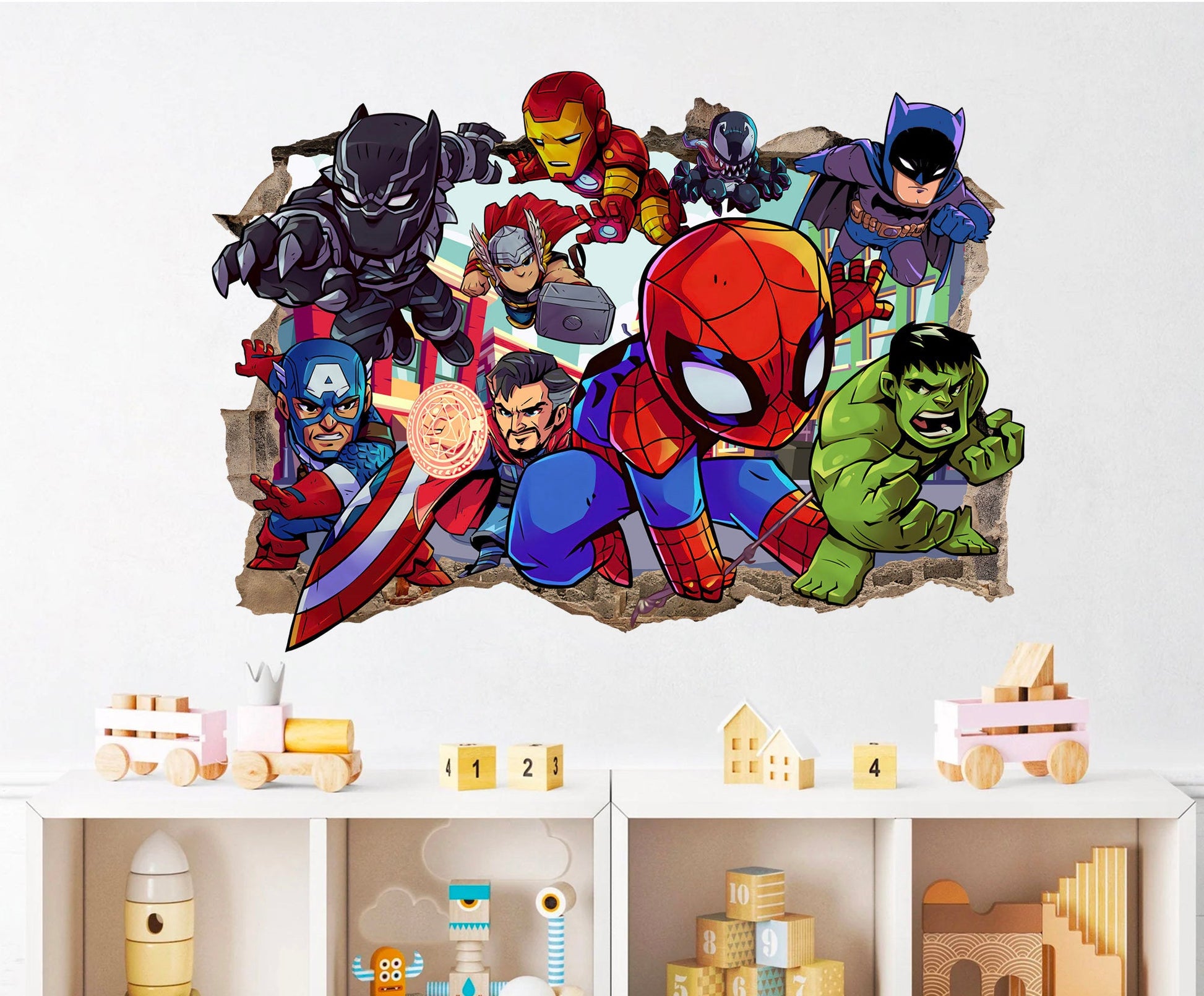 Bursting Avengers Super heroes Spiderman Iron Man Hulk Captain America 3D Smashed Wall Decal