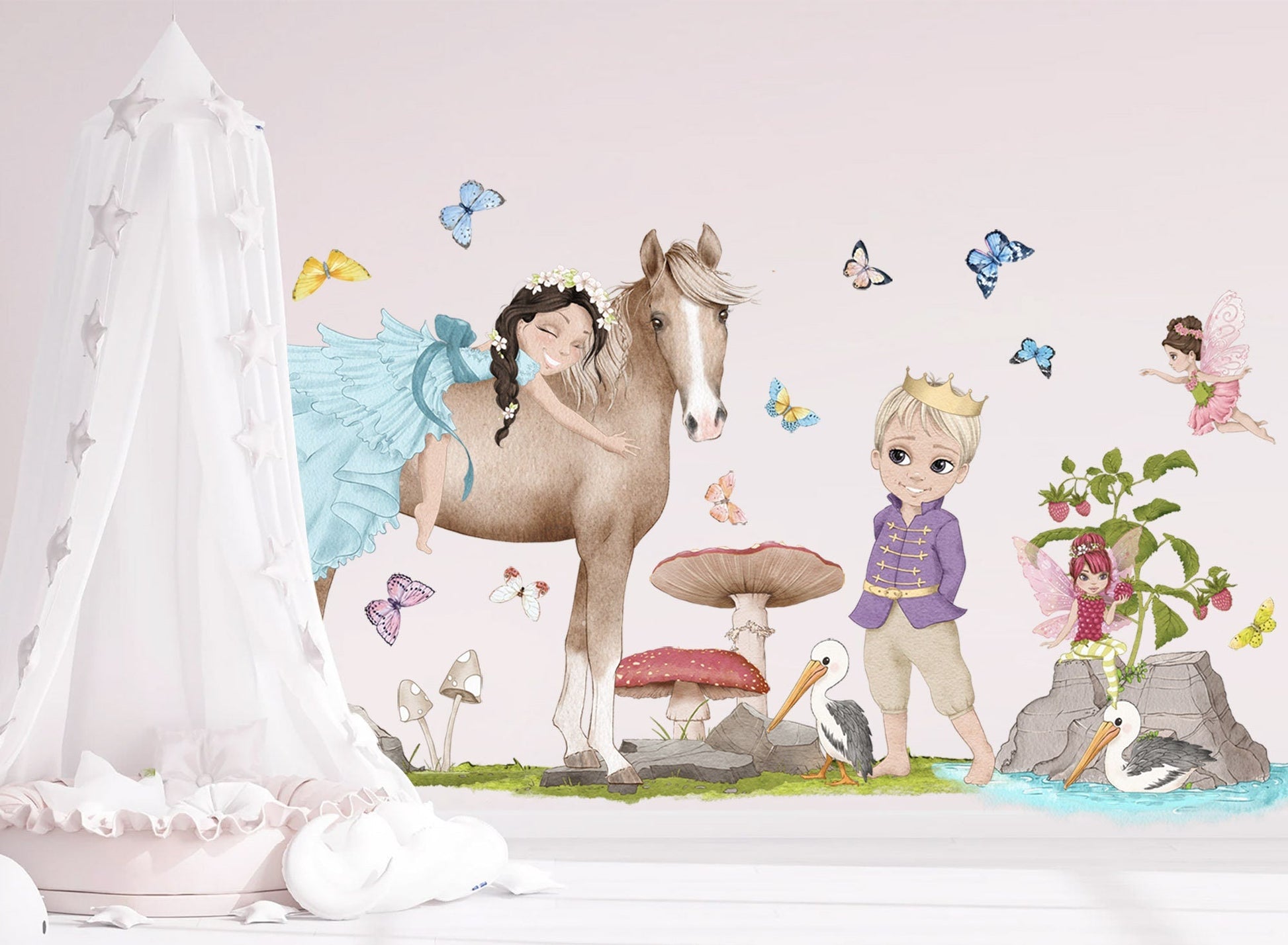 Prince and Princess Riding Wall Decal - Fairy and Red Mushrooms - Girls' Room Decor - BR348