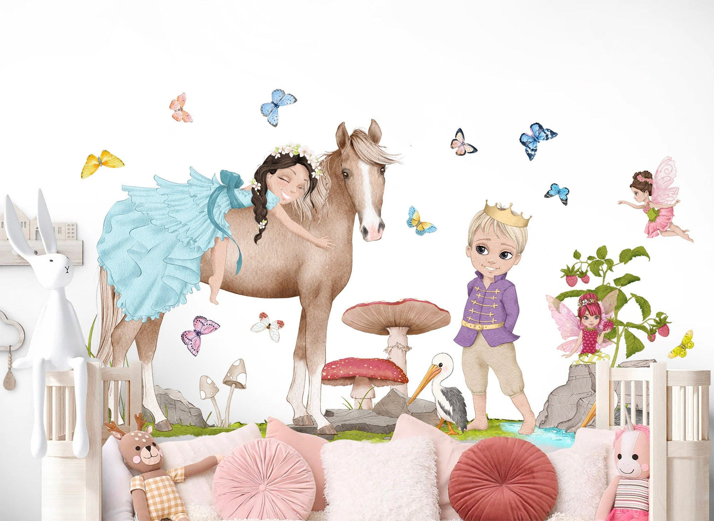 Prince and Princess Riding Wall Decal - Fairy and Red Mushrooms - Girls' Room Decor - BR348