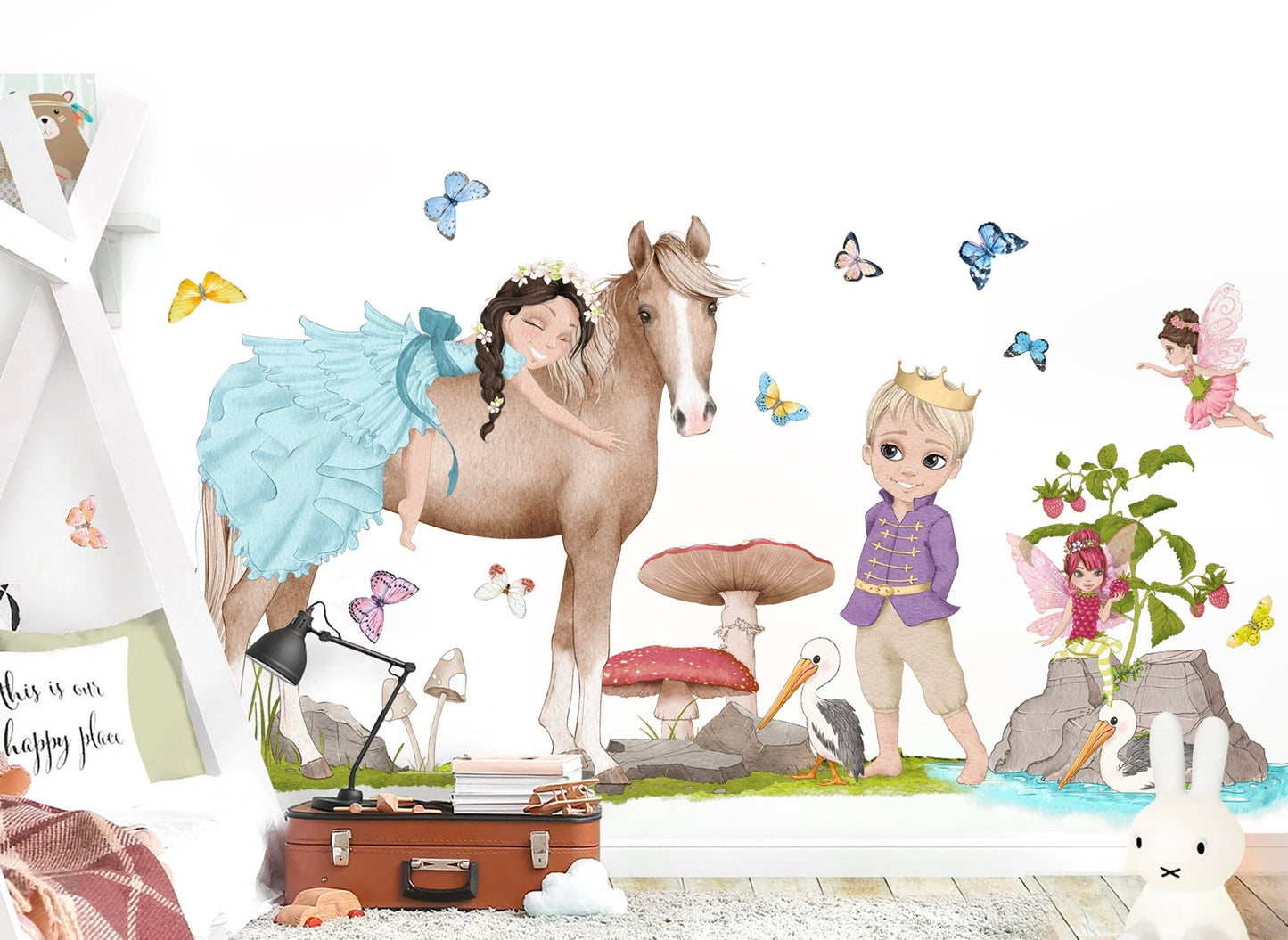 Prince and Princess Riding Wall Decal - Fairy and Red Mushrooms - Girls' Room Decor - BR348