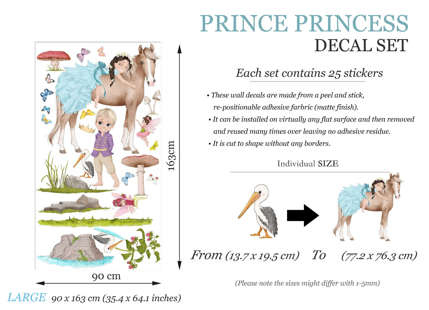 Prince and Princess Riding Wall Decal - Fairy and Red Mushrooms - Girls' Room Decor - BR348