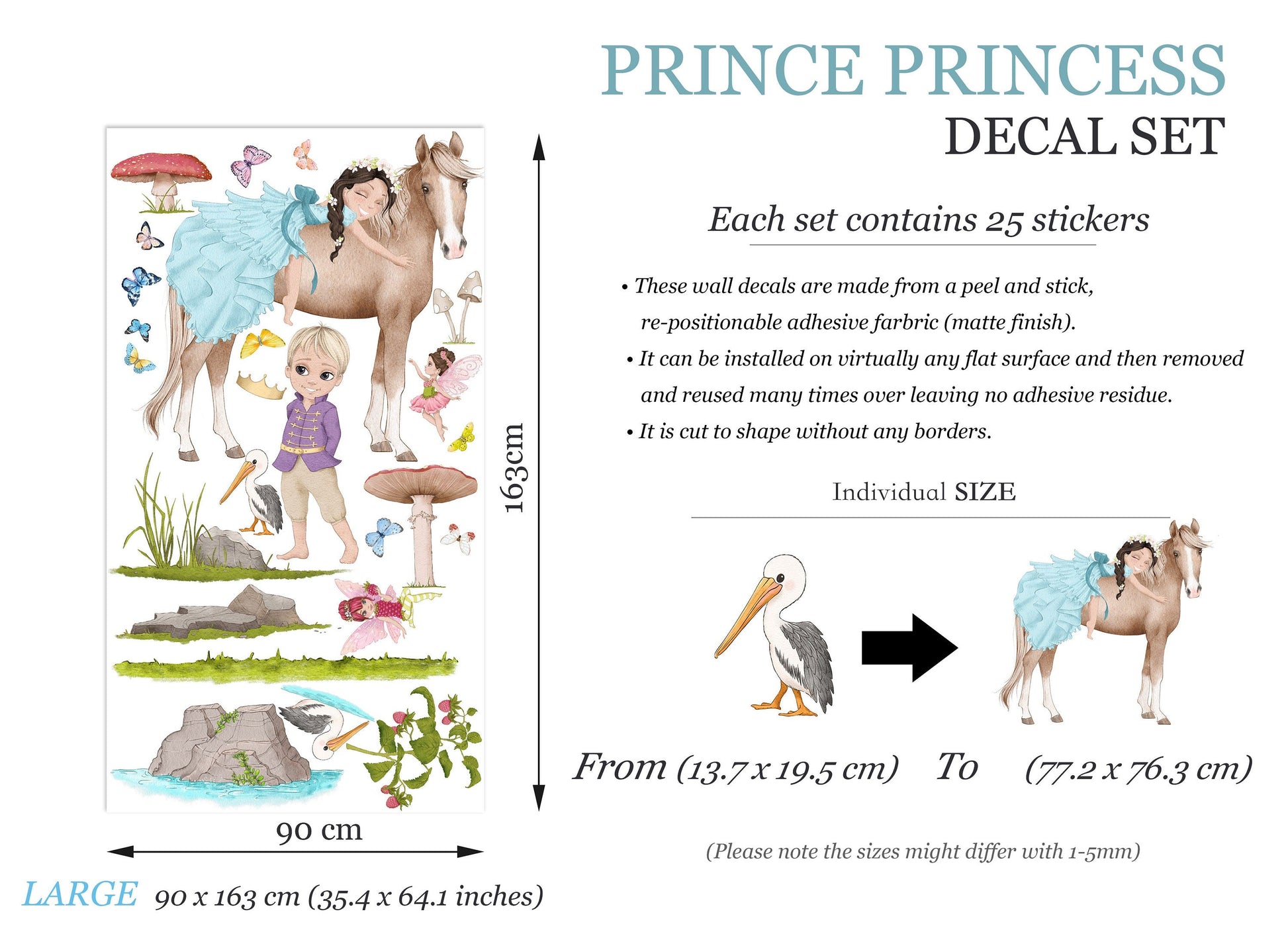 Prince and Princess Riding Wall Decal - Fairy and Red Mushrooms - Girls' Room Decor - BR348