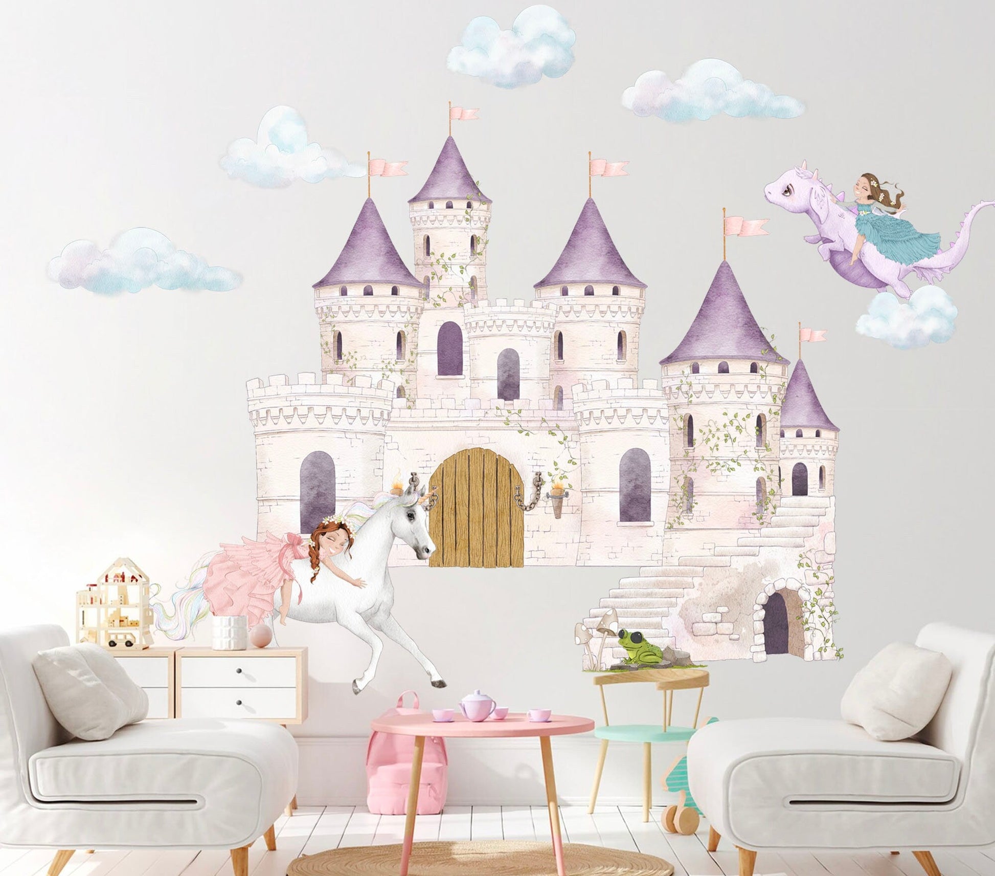 Princess on White Horse Wall Decals - Purple Castle, Dragon - Girls' Room Decor - BR350