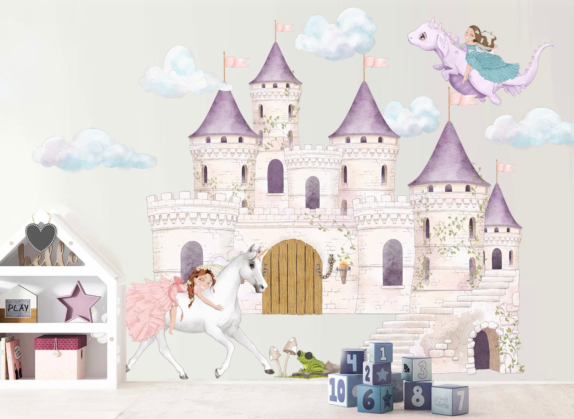 Princess on White Horse Wall Decals - Purple Castle, Dragon - Girls' Room Decor - BR350