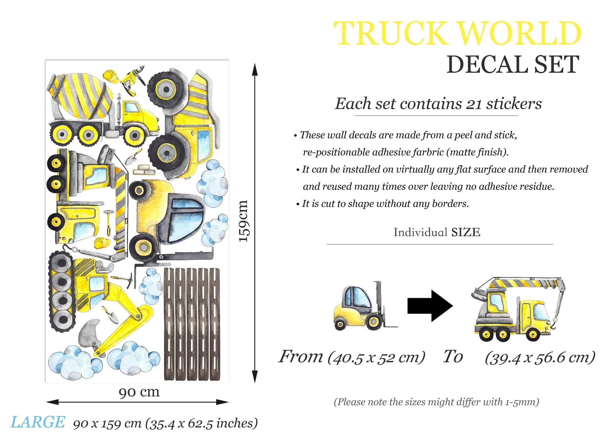 Yellow Construction Vehicles Driving Roadway Removable Wall Decal - Boys Room Gift - BR345