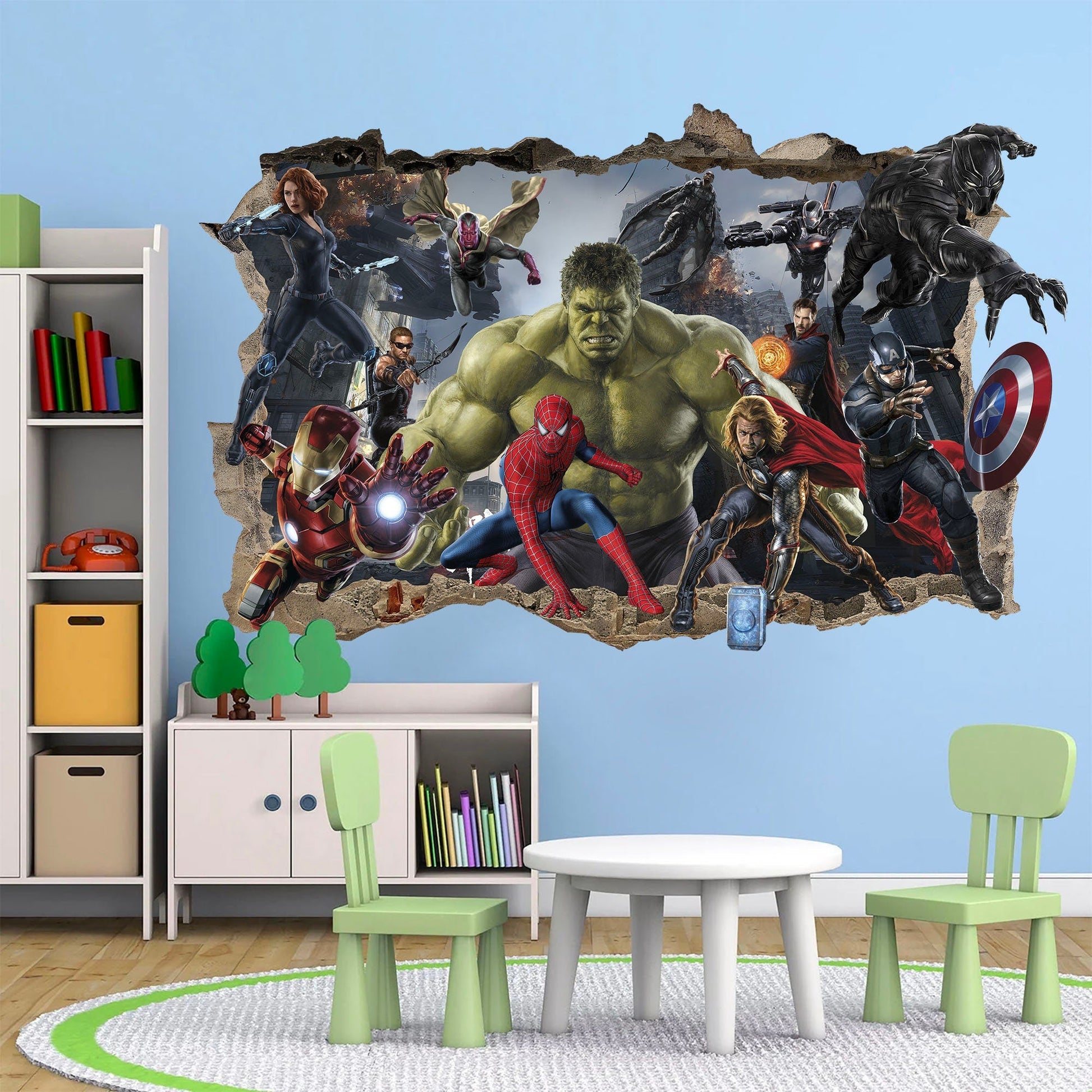 Hulk Leading Marvel Universe Superheroes Smashing Through Wall Decal
