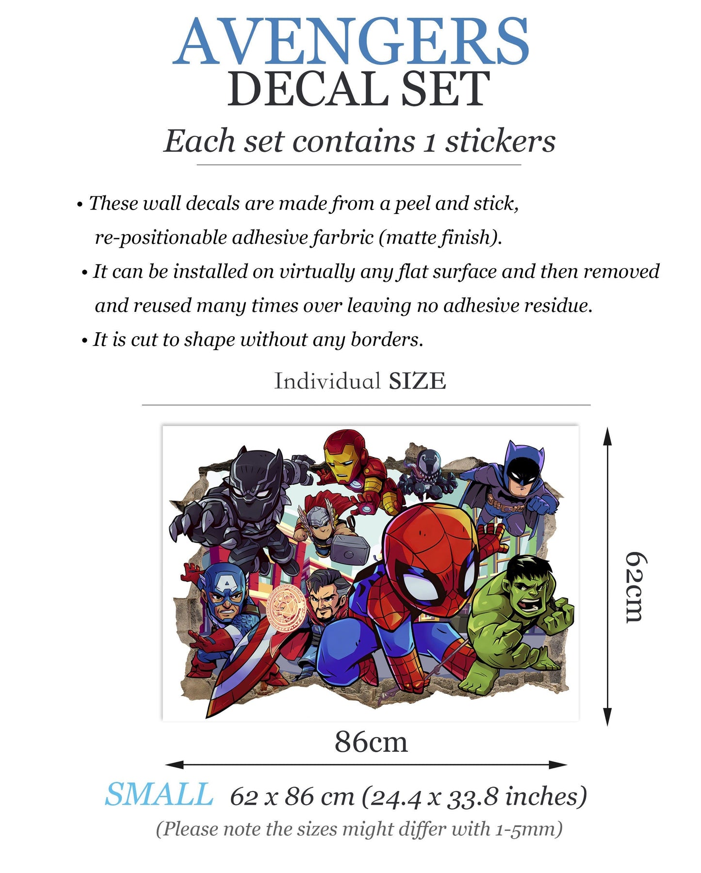 Bursting Avengers Super heroes Spiderman Iron Man Hulk Captain America 3D Smashed Wall Decal