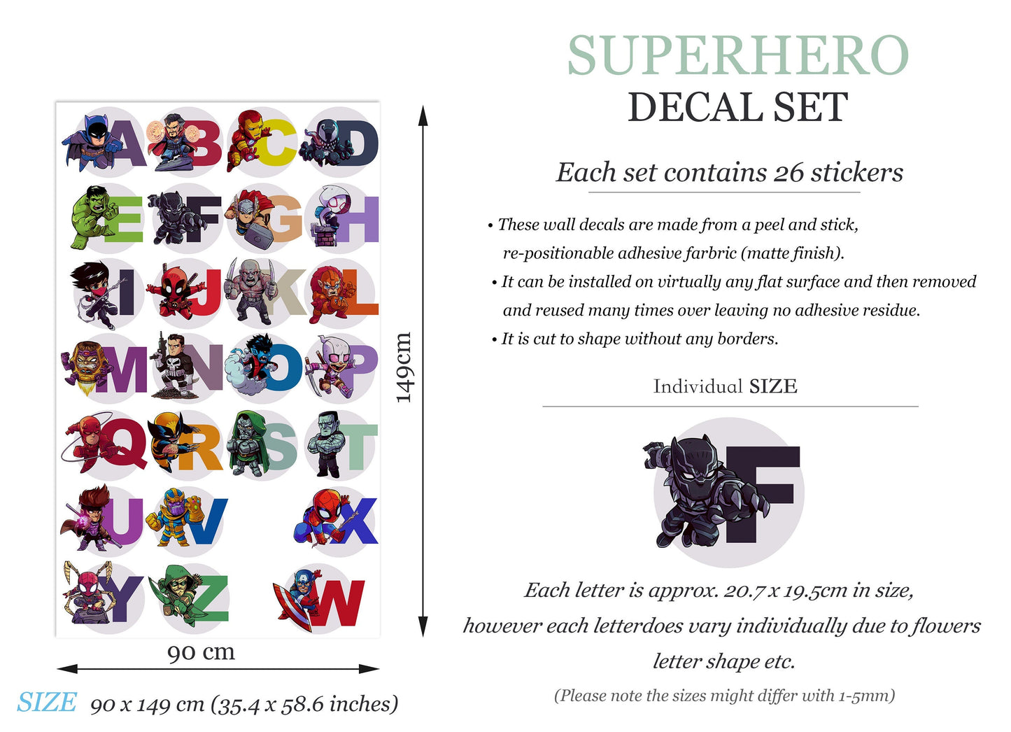 Superhero Avengers Alphabet ABC Capital Letters Squad Wall Decal