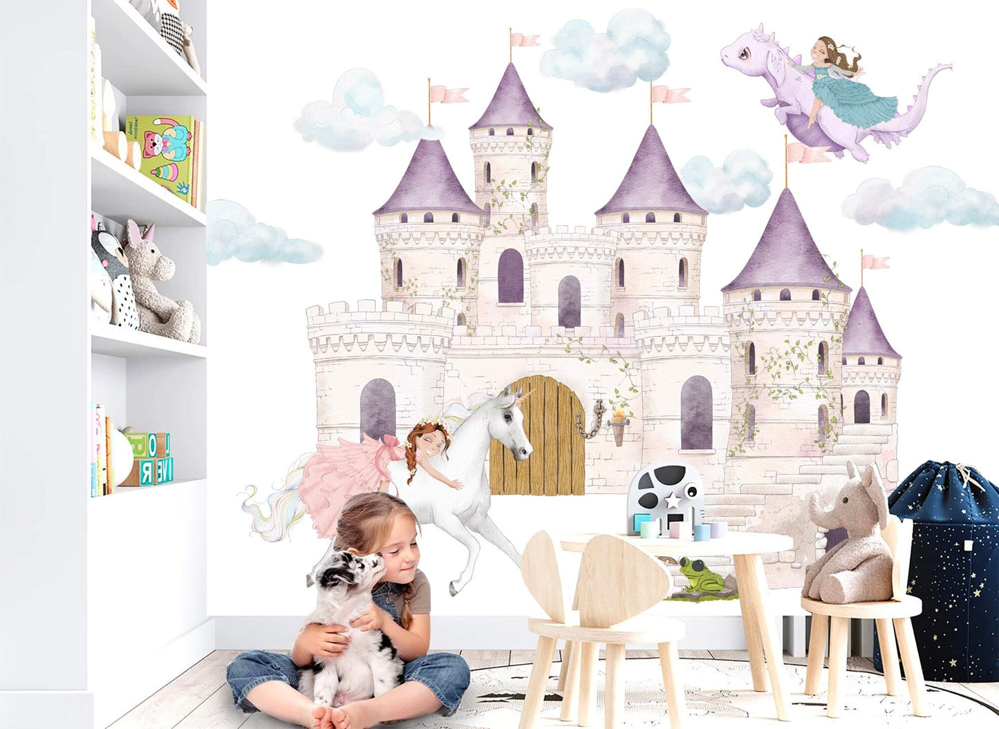 Princess on White Horse Wall Decals - Purple Castle, Dragon - Girls' Room Decor - BR350