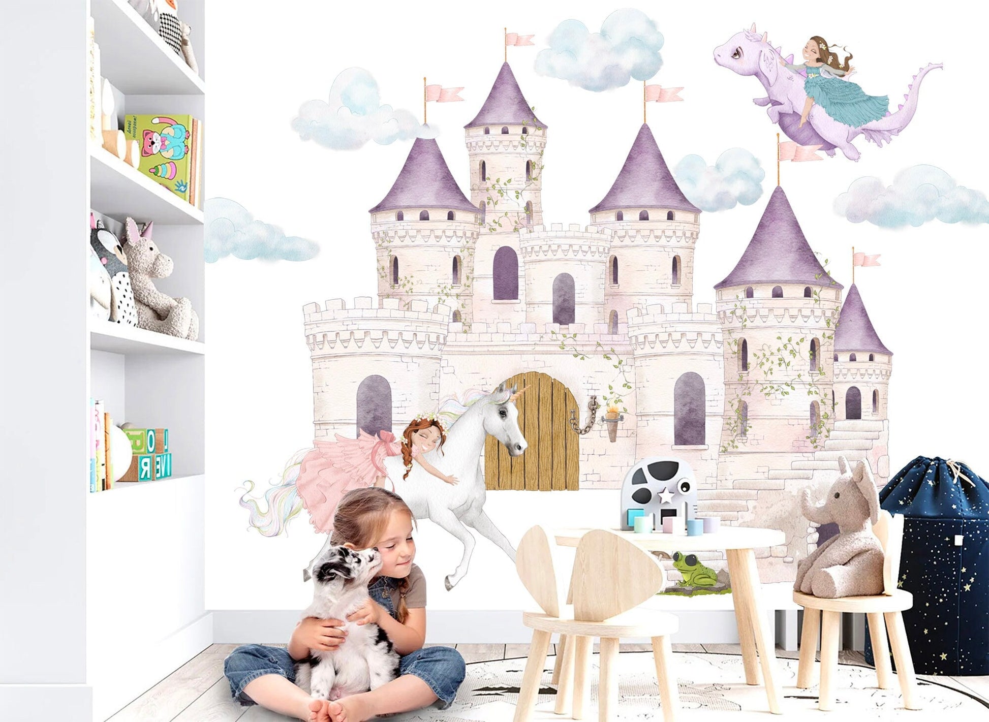 Princess on White Horse Wall Decals - Purple Castle, Dragon - Girls' Room Decor - BR350
