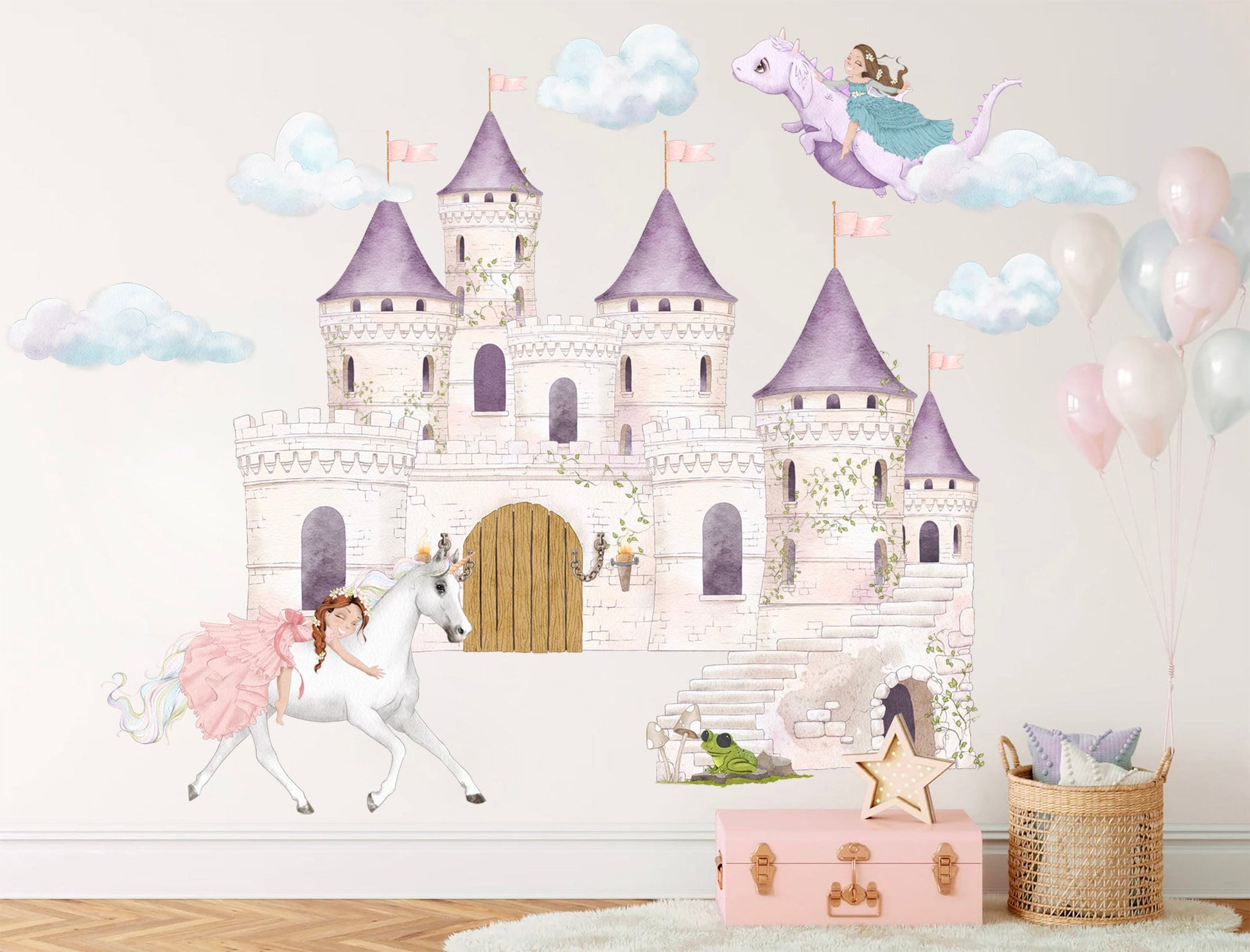 Princess on White Horse Wall Decals - Purple Castle, Dragon - Girls' Room Decor - BR350