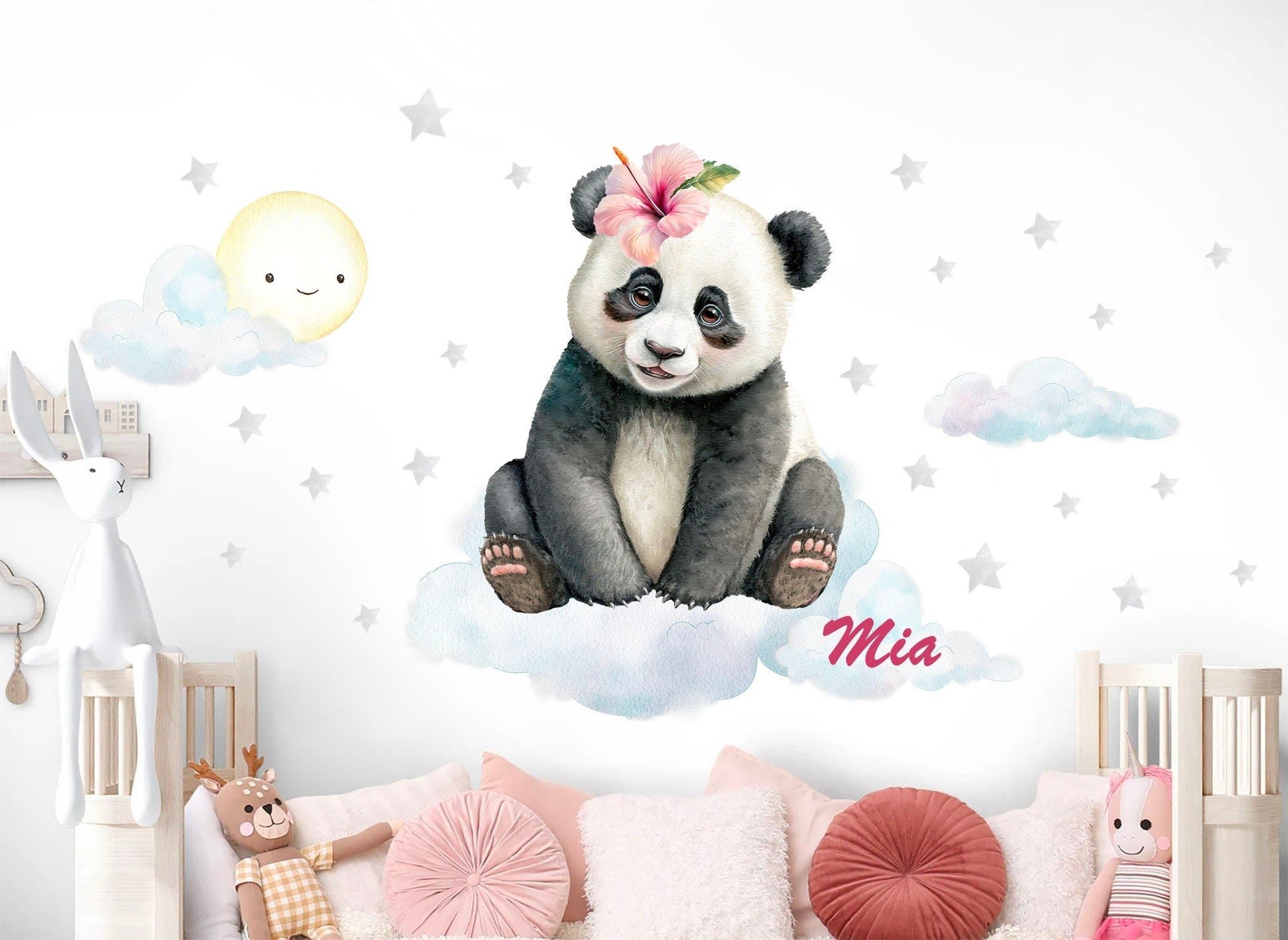 Customizable Name Panda Baby Wall Decal - Panda with Flower Crown Sitting on Clouds - BR359