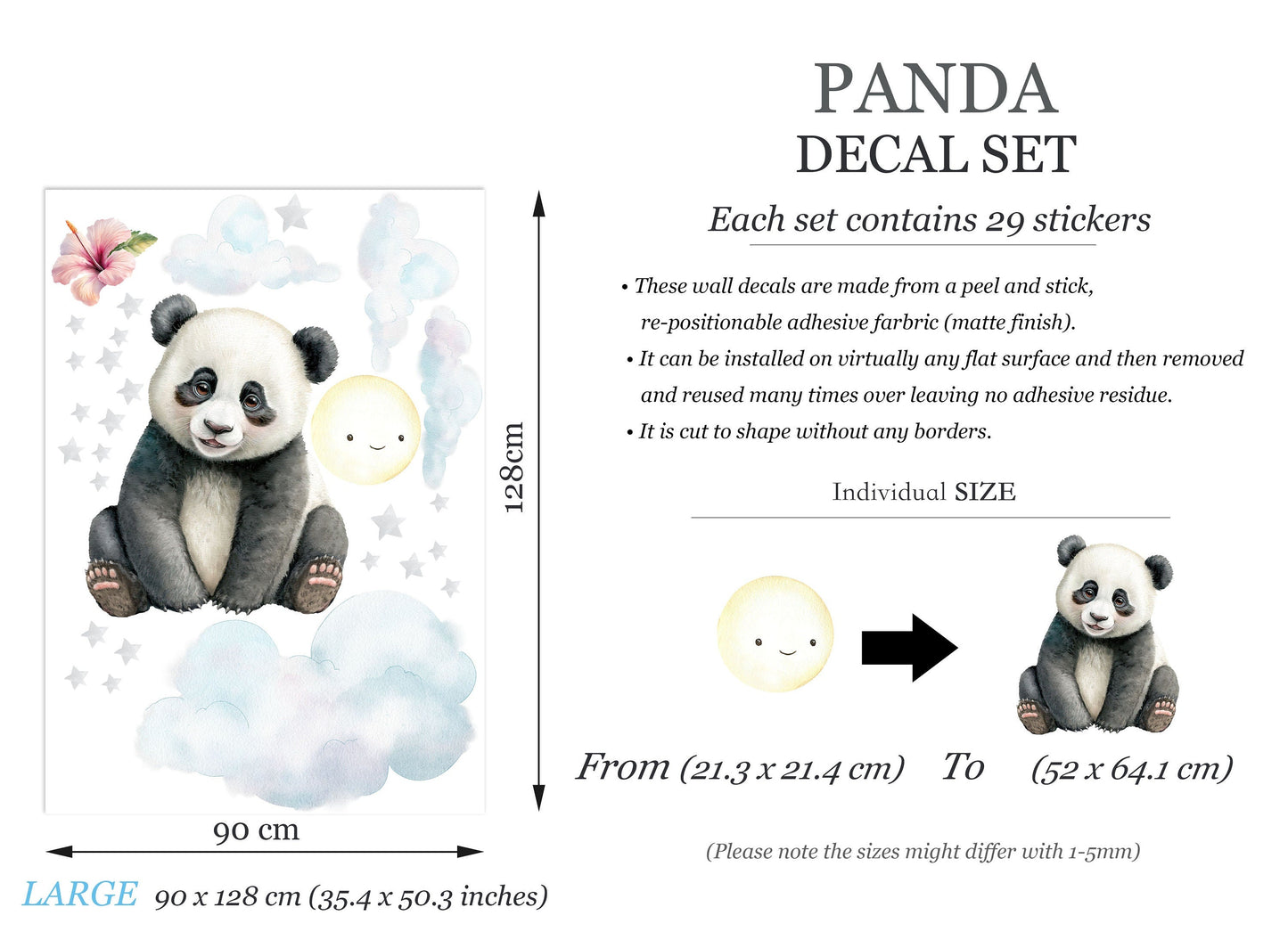 Customizable Name Panda Baby Wall Decal - Panda with Flower Crown Sitting on Clouds - BR359