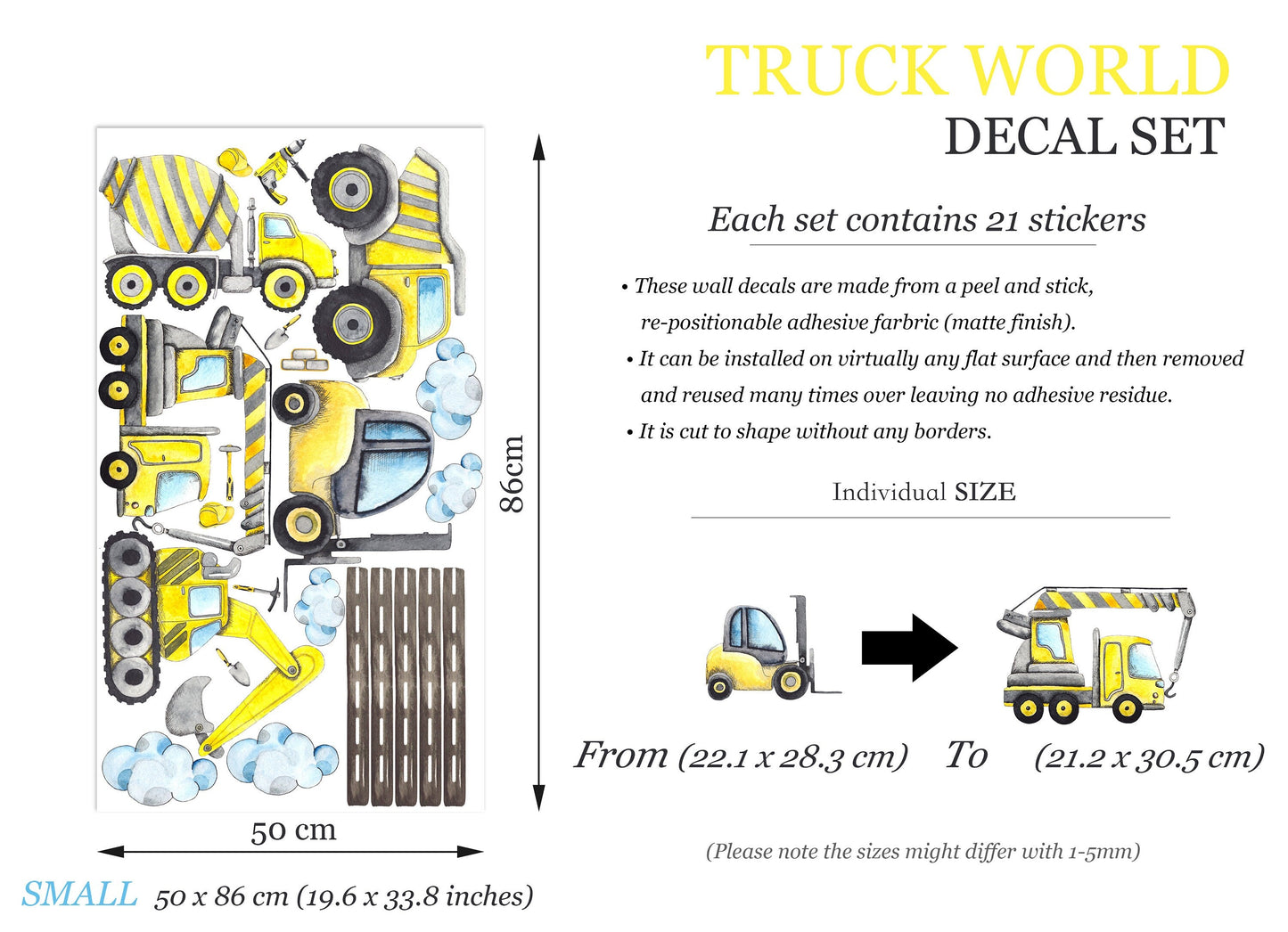 Yellow Construction Vehicles Driving Roadway Removable Wall Decal - Boys Room Gift - BR345
