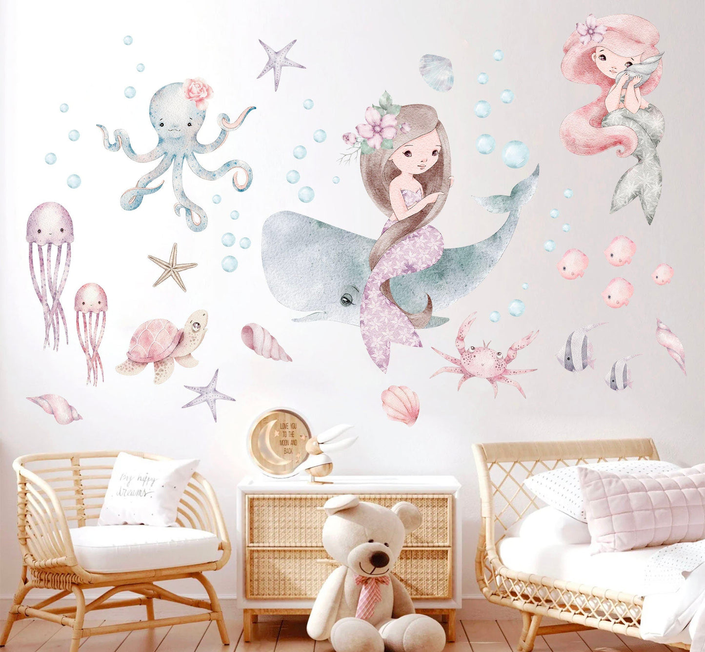 Mermaid Undersea Adventure Watercolor Wall Decal - Girls' Room Decor - BR364