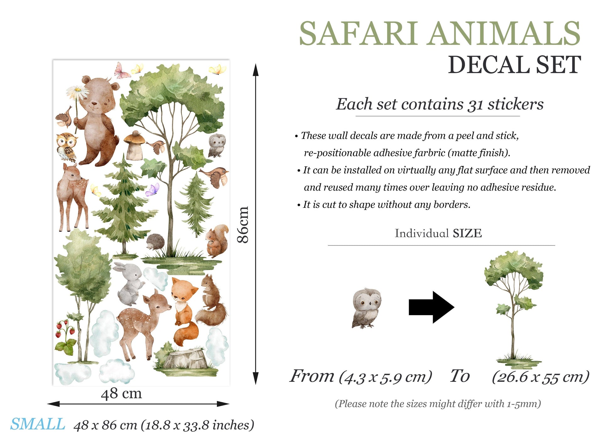 Forest Friends Nursery Wall Decal - Bear Little Deer Owl Fox Squirrel - BR365