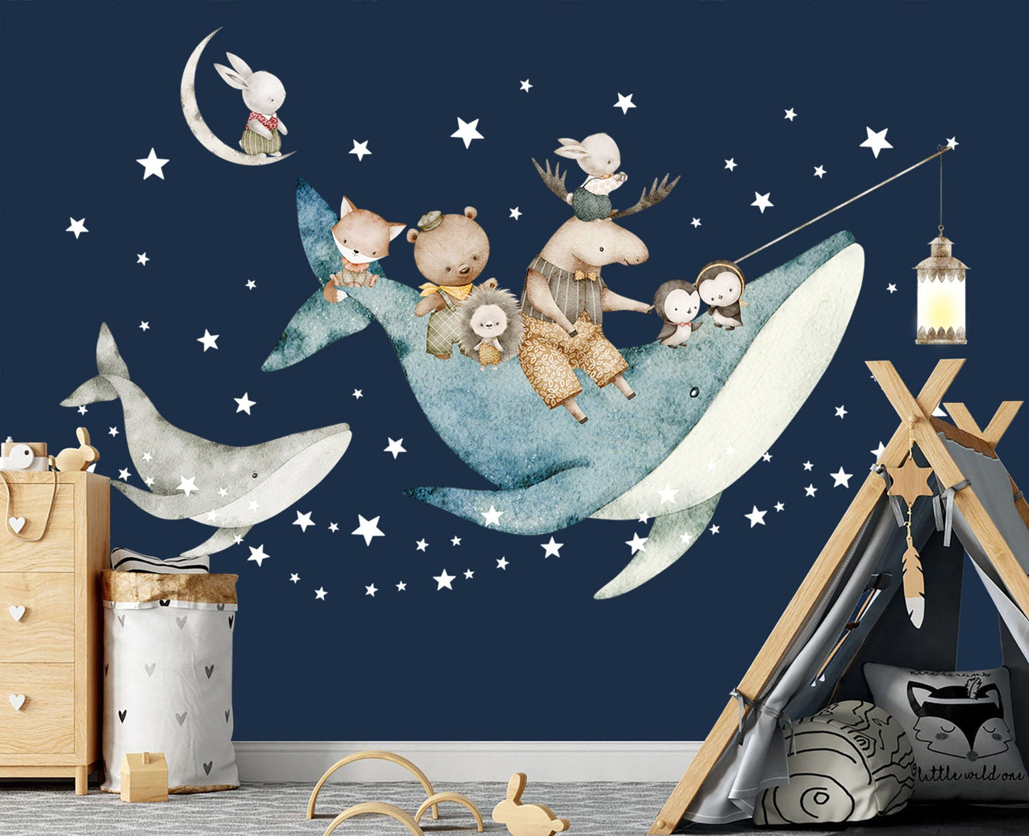 Undersea Wonderland Wall Decal - Forest Animals Flying Explore with Whales - Nursery Decor - BR371